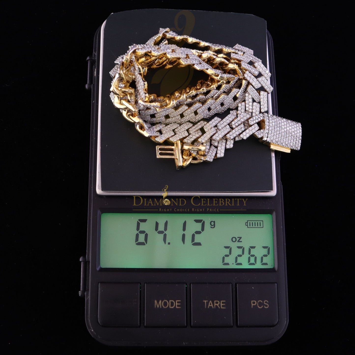 DiamondCelebritees 10K Yellow Gold Cuban Necklace 15.00ct Moissanite Width 10mm size 20 inch Long