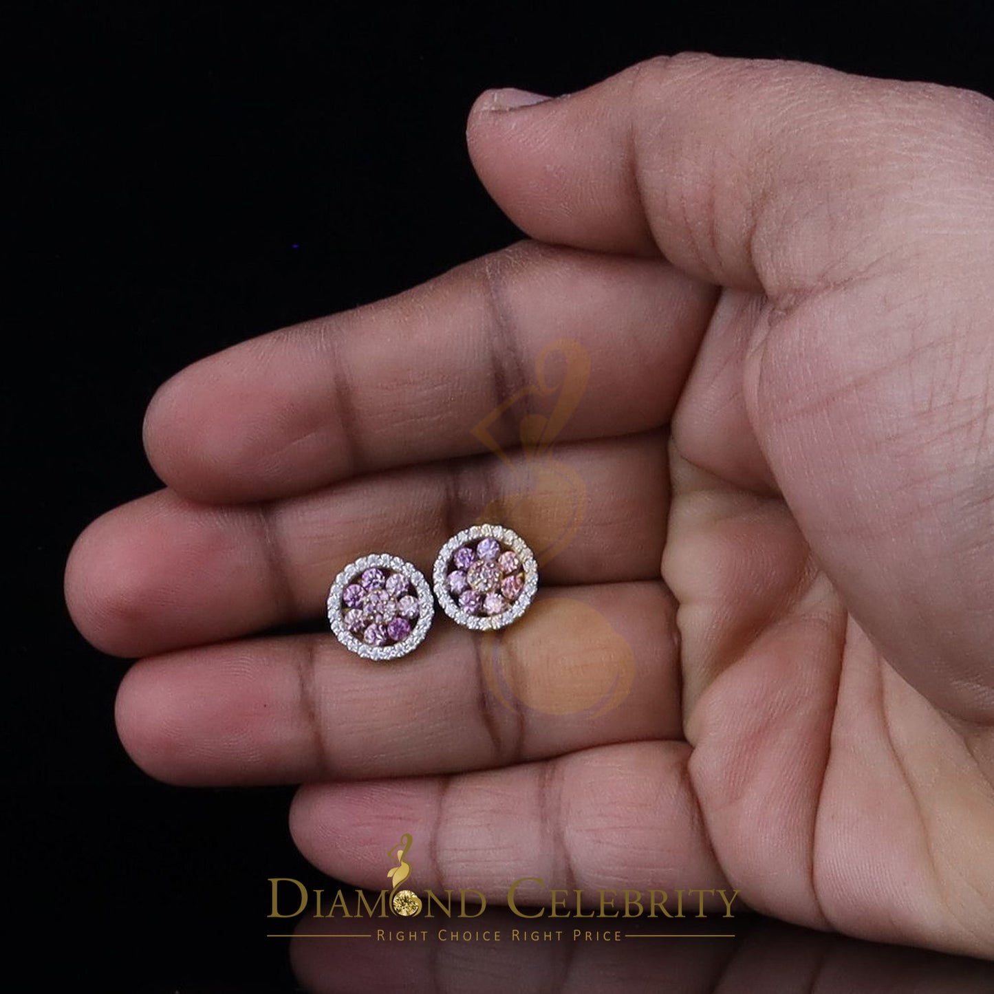 DiamondCelebritees Women's 925 Silver Yellow 1.50ct VVS 'D' Pink Moissanite Round Stud Earrings