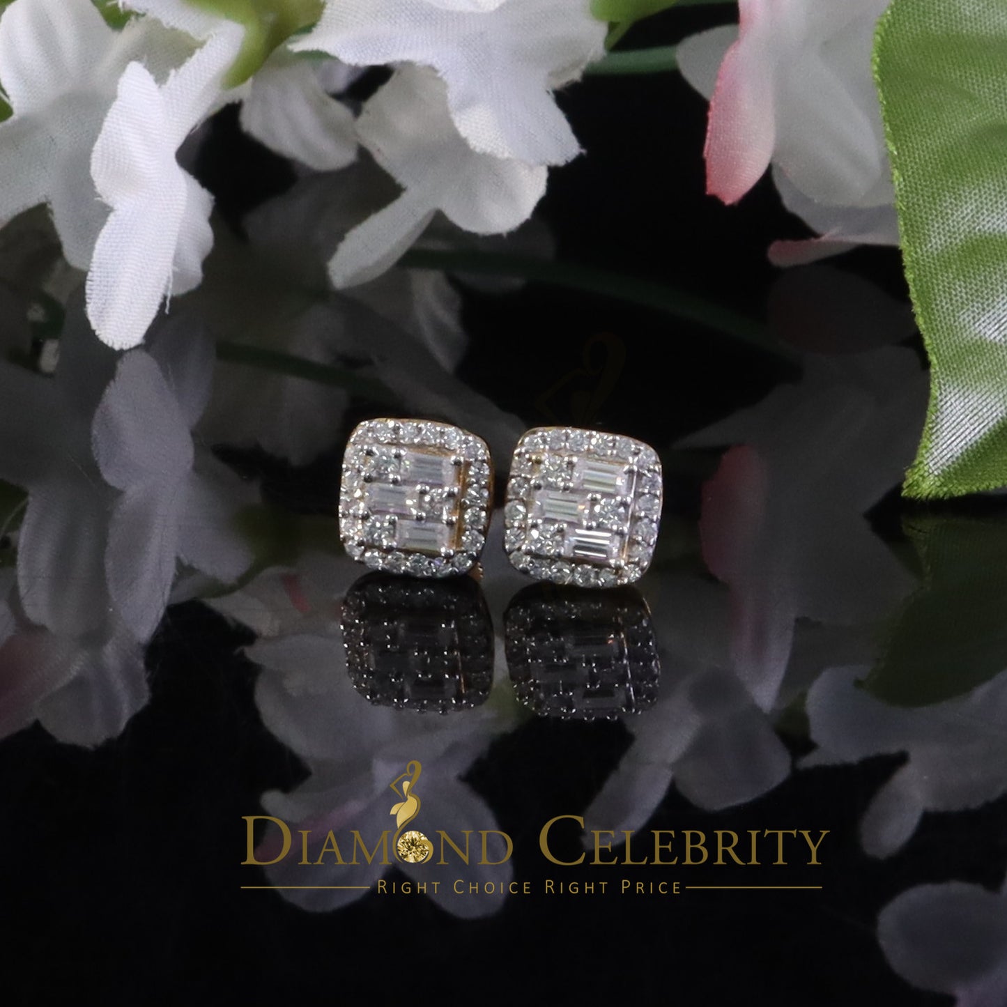 DiamondCelebritees 925 Stud Earrings Yellow Silver 0.75ct VVS 'D' Baguette Moissanite Men's/Women's