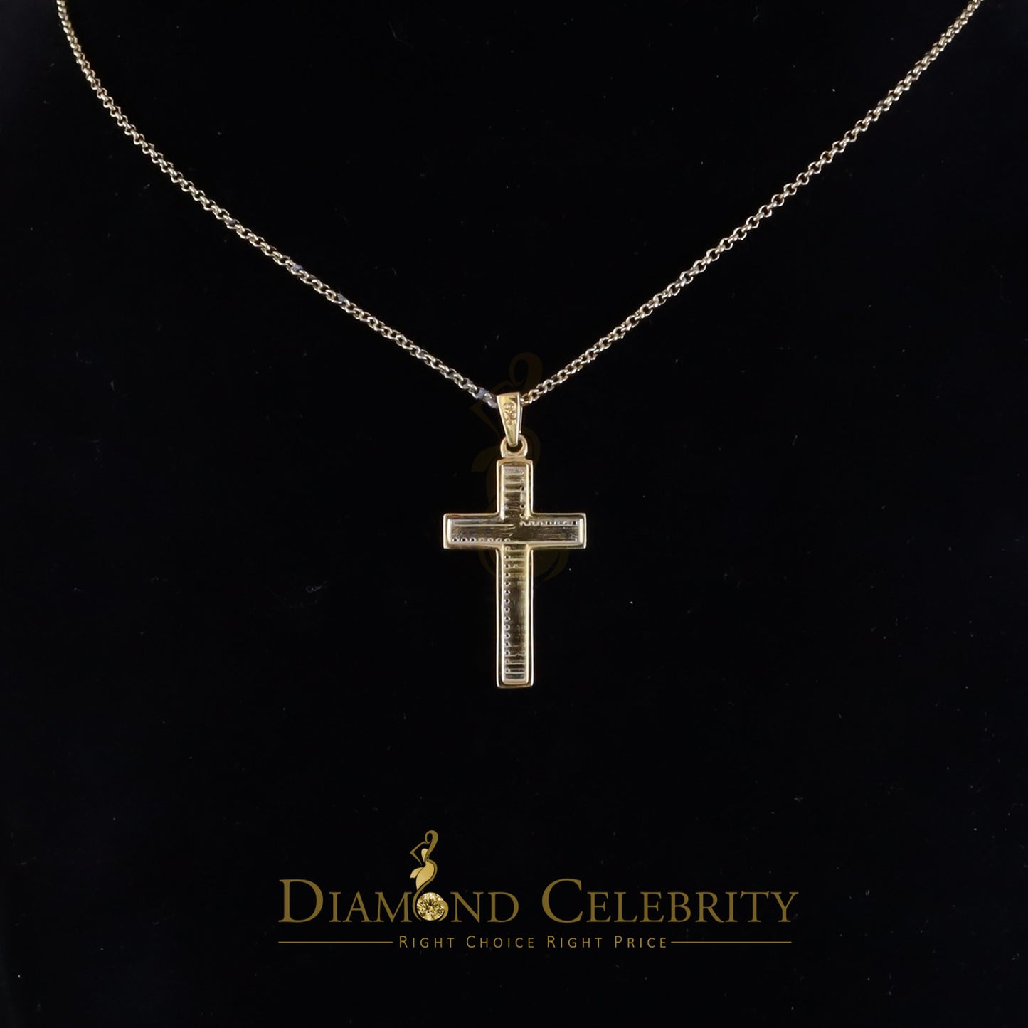 DiamondCelebritees Elegant Sleek Real 0.10ct Diamond 925 Silver CROSS with Necklace Yellow Pendant