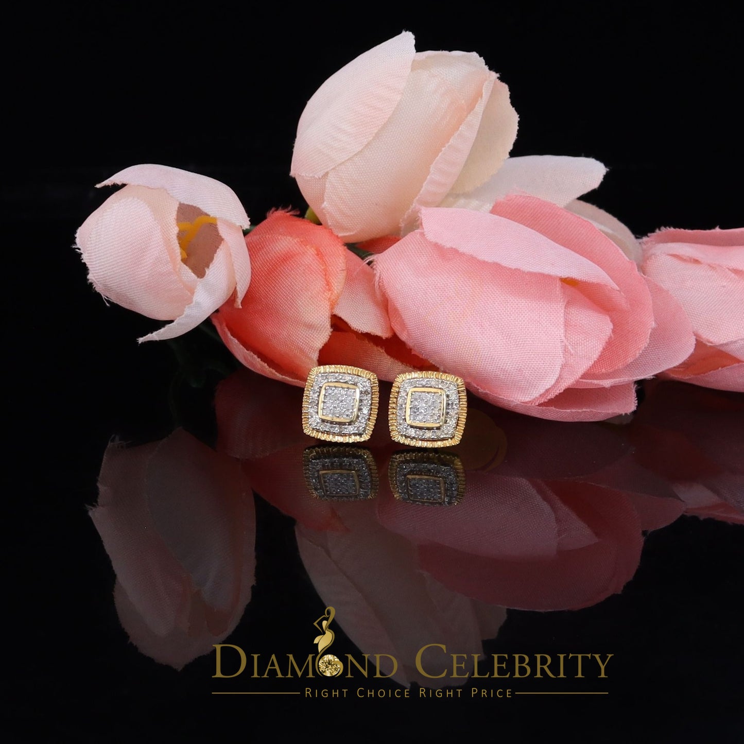 DiamondCelebritees Real 10K Yellow Gold Real Diamond 0.50 CT Men and Ladies Square Stud Earring