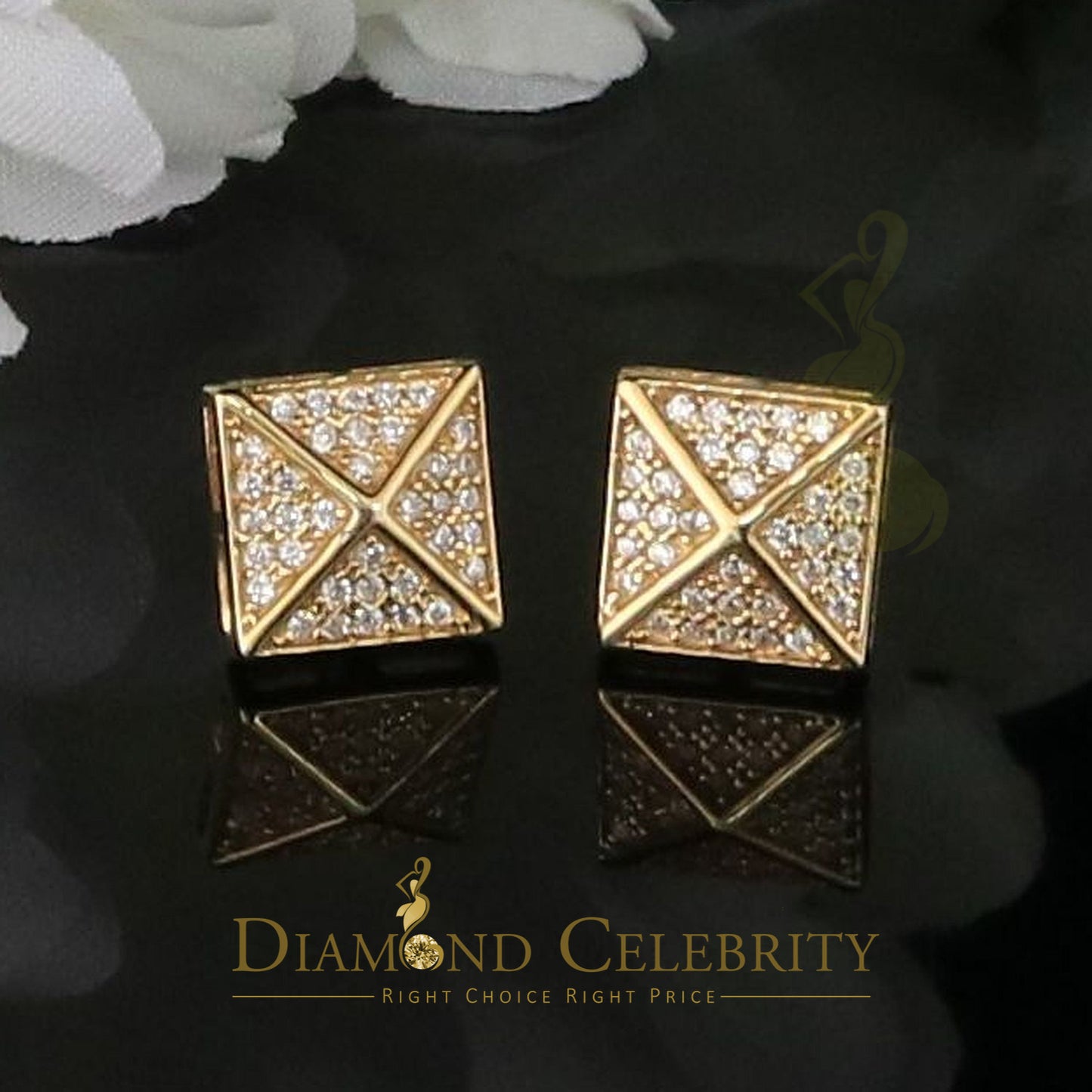 DiamondCelebritees 0.53ct Cubic Zirconia 925 Yellow Silver Women's & Men's Hip Hop Square Earrings