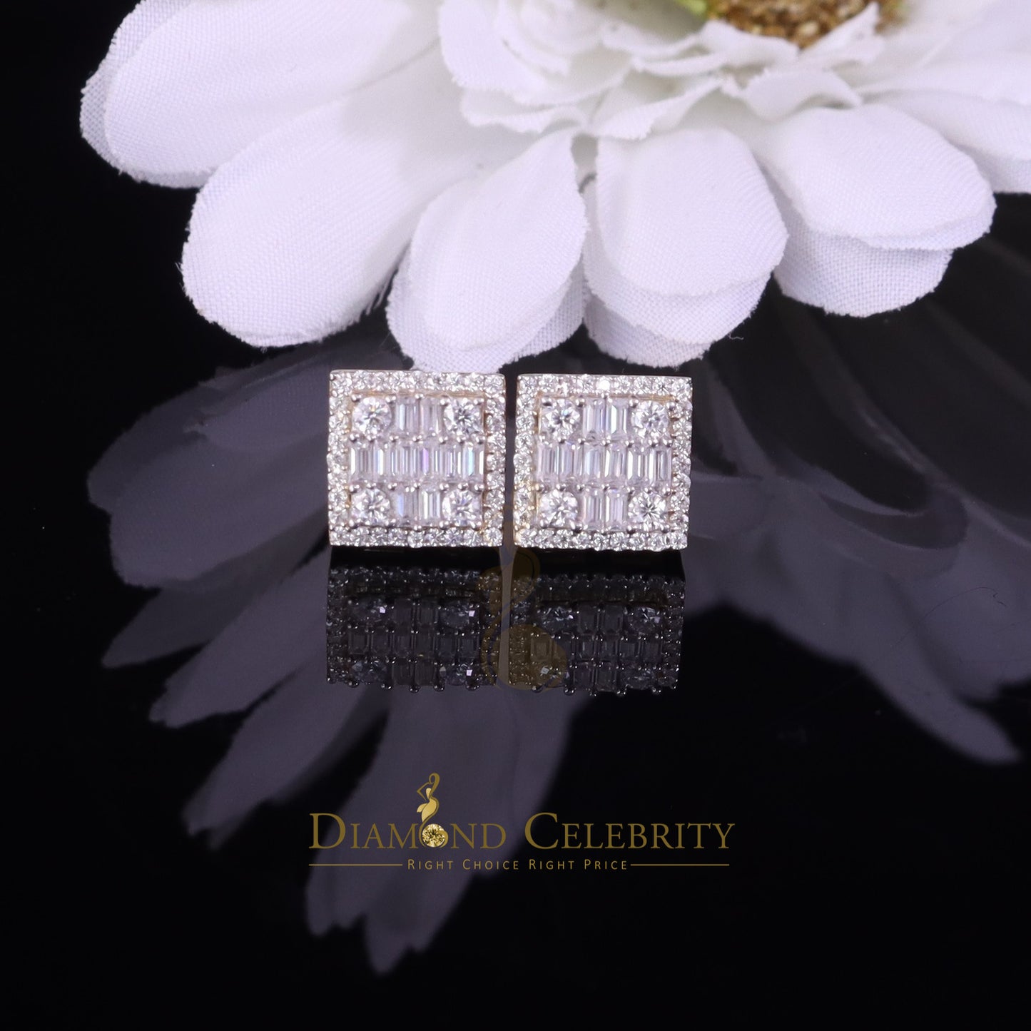 DiamondCelebritees Yellow Men's/Womens 925 Silver 1.00ct VVS 'D' Moissanite Square Stud Earrings