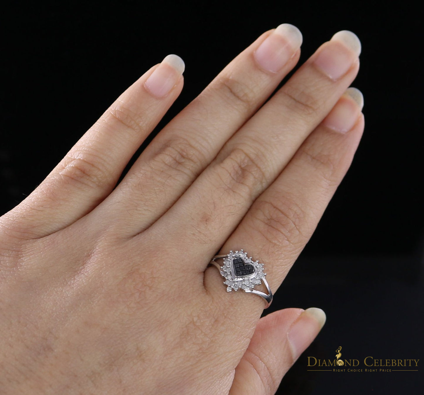 DiamondCelebritees Real 10kt White Gold Heart shape 0.33CT Real Diamond Black Princess Ring SZ 6.5