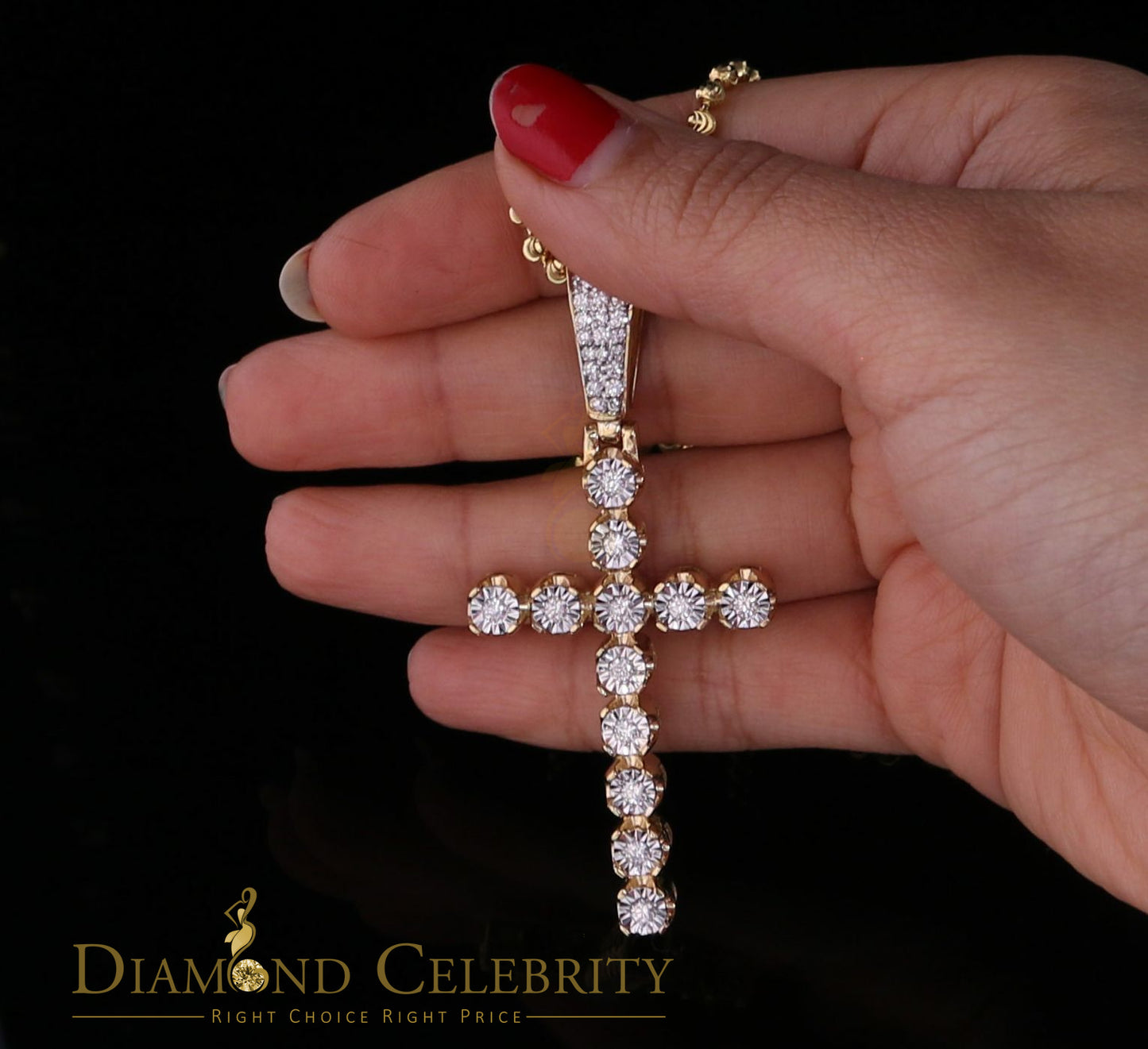 DiamondCelebritees Real 1.25ct Diamond Sterling Silver CROSS Charm Necklace Yellow Pendant