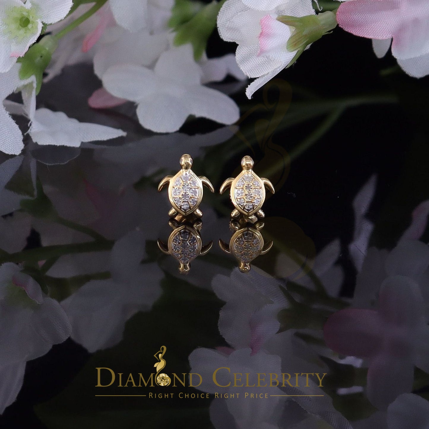 DiamondCelebritees 925 Sterling Yellow Silver 0.10ct Diamond Turtle Earrings For Women's & Men's