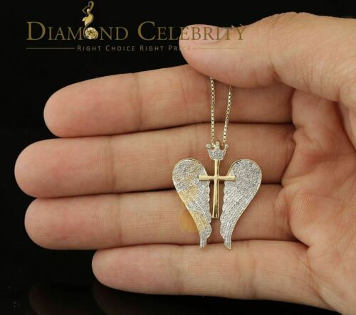 DiamondCelebritees Real 0.44ct Diamond 925 Sterling Silver CROSS with WINGS Necklace Yellow Pendant