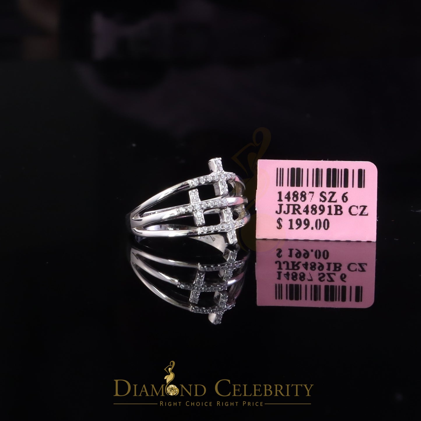 DiamondCelebritees 925 Sterling White Silver 0.22ct Cubic Zirconia Cross Shape Womens Ring Size 6