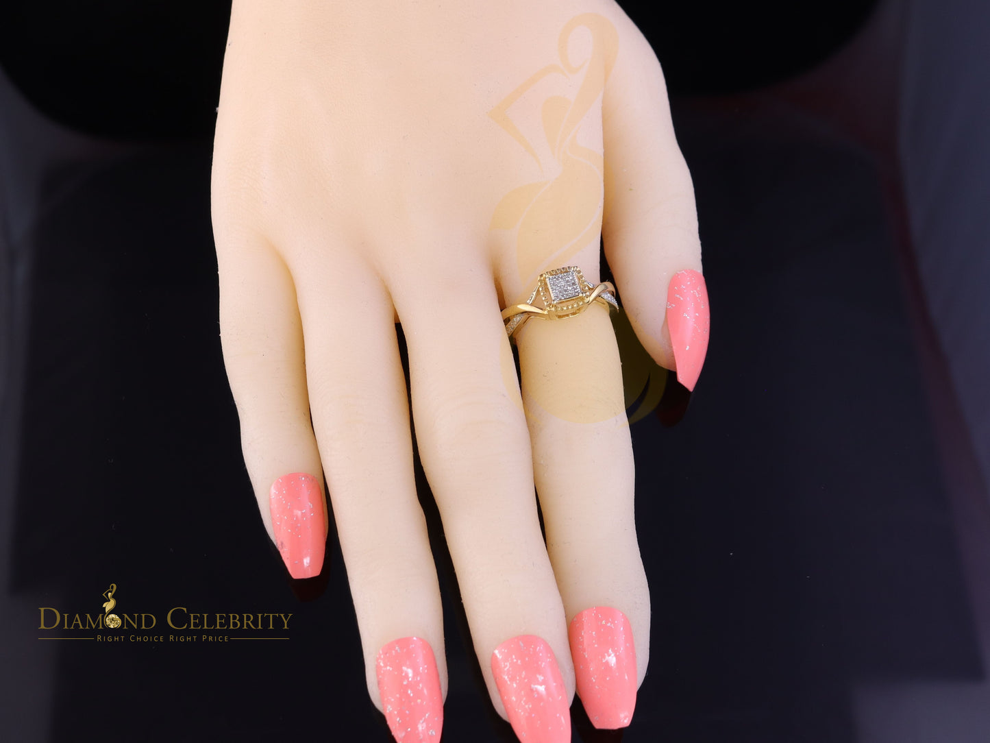 DiamondCelebritees 0.10CT Real Diamond 925 Sterling Yellow Silver Style Square Womens Ring Size 7