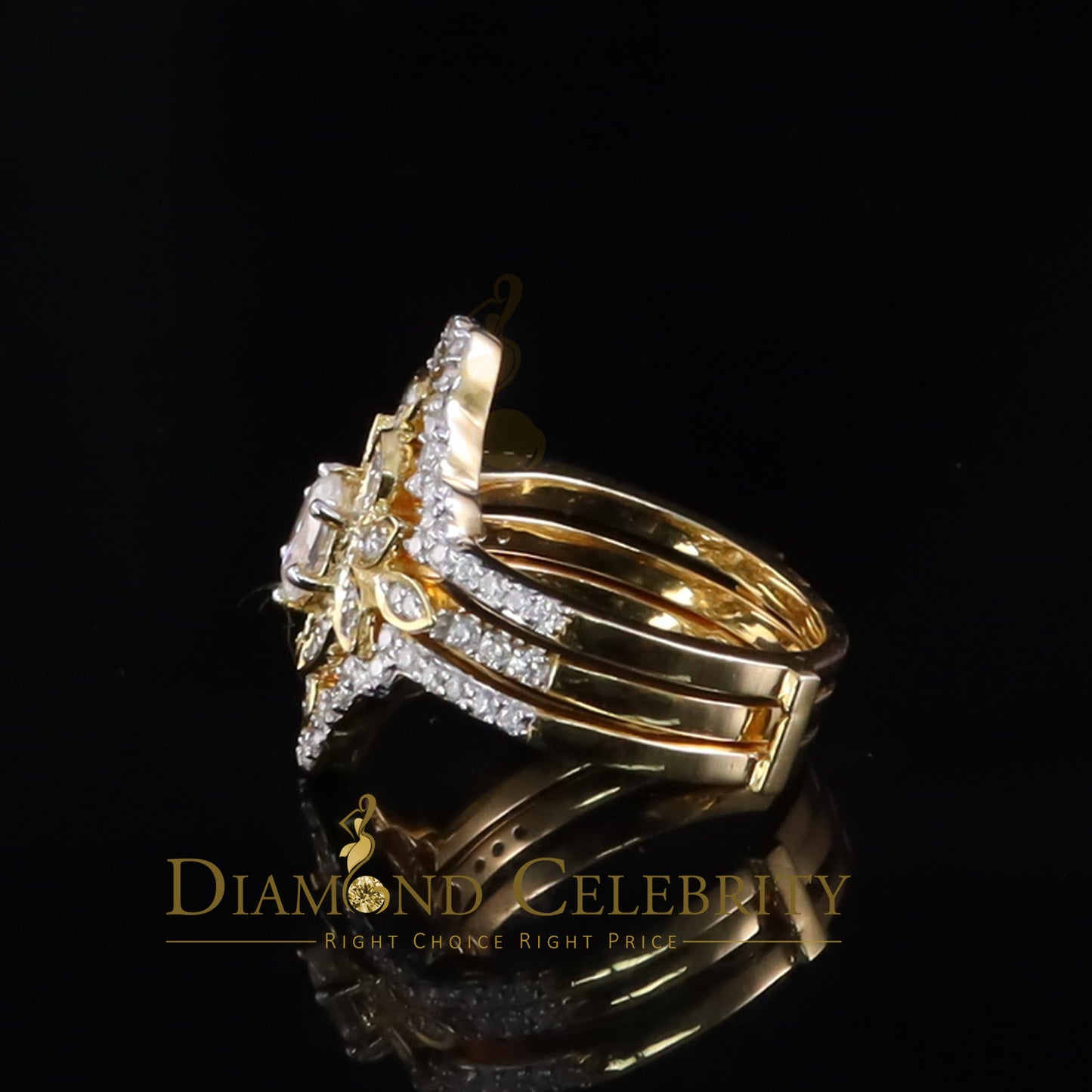 DiamondCelebritees 2.00ct VVS D Moissanite Fancy Ring W/ Guard in SZ 7 Yellow 925 Silver for Women