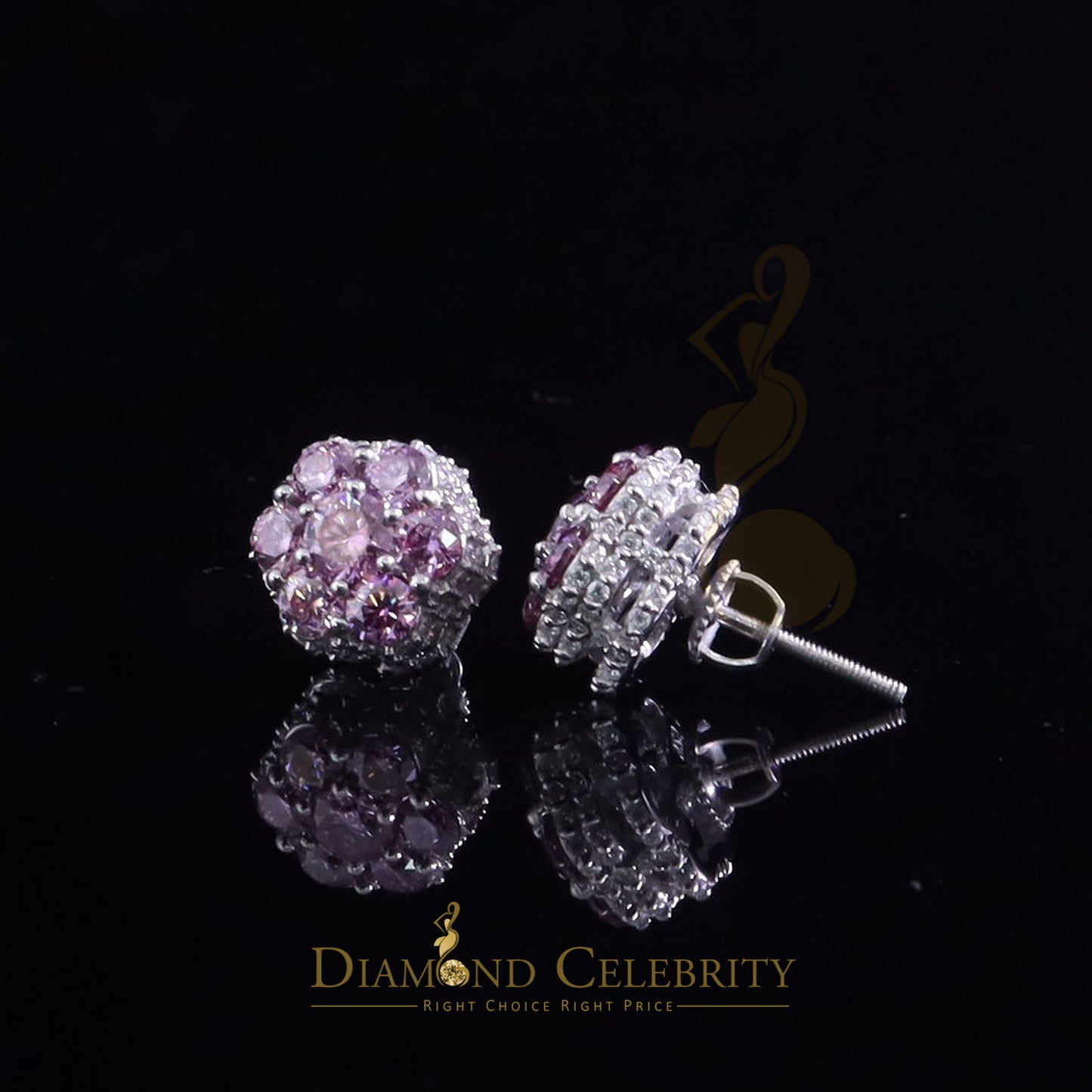 Diamondcelebritees Women's 925 Silver White 2.50ct VVS 'D' Pink Moissanite Floral Stud Earrings