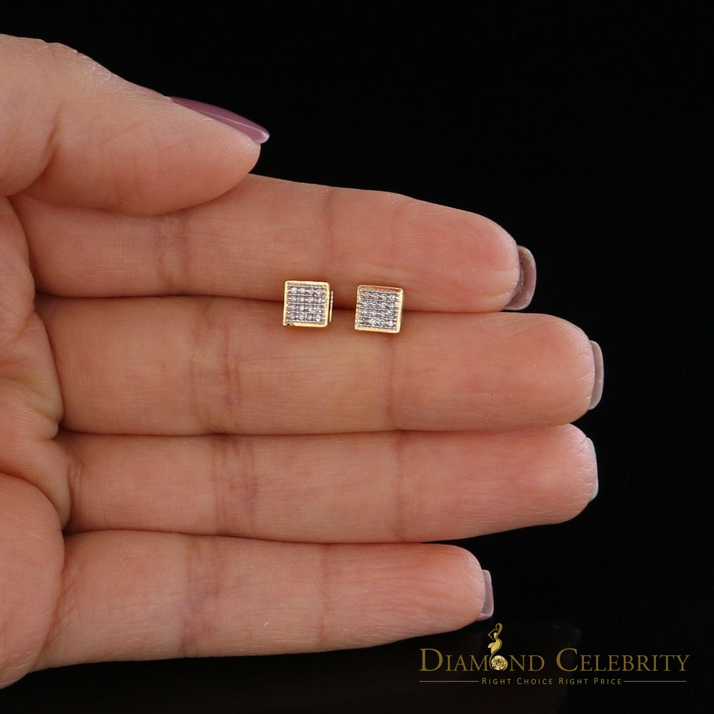 DiamondCelebriteesReal 10K Yellow Gold Square Earrings with 0.10CT Real Diamonds