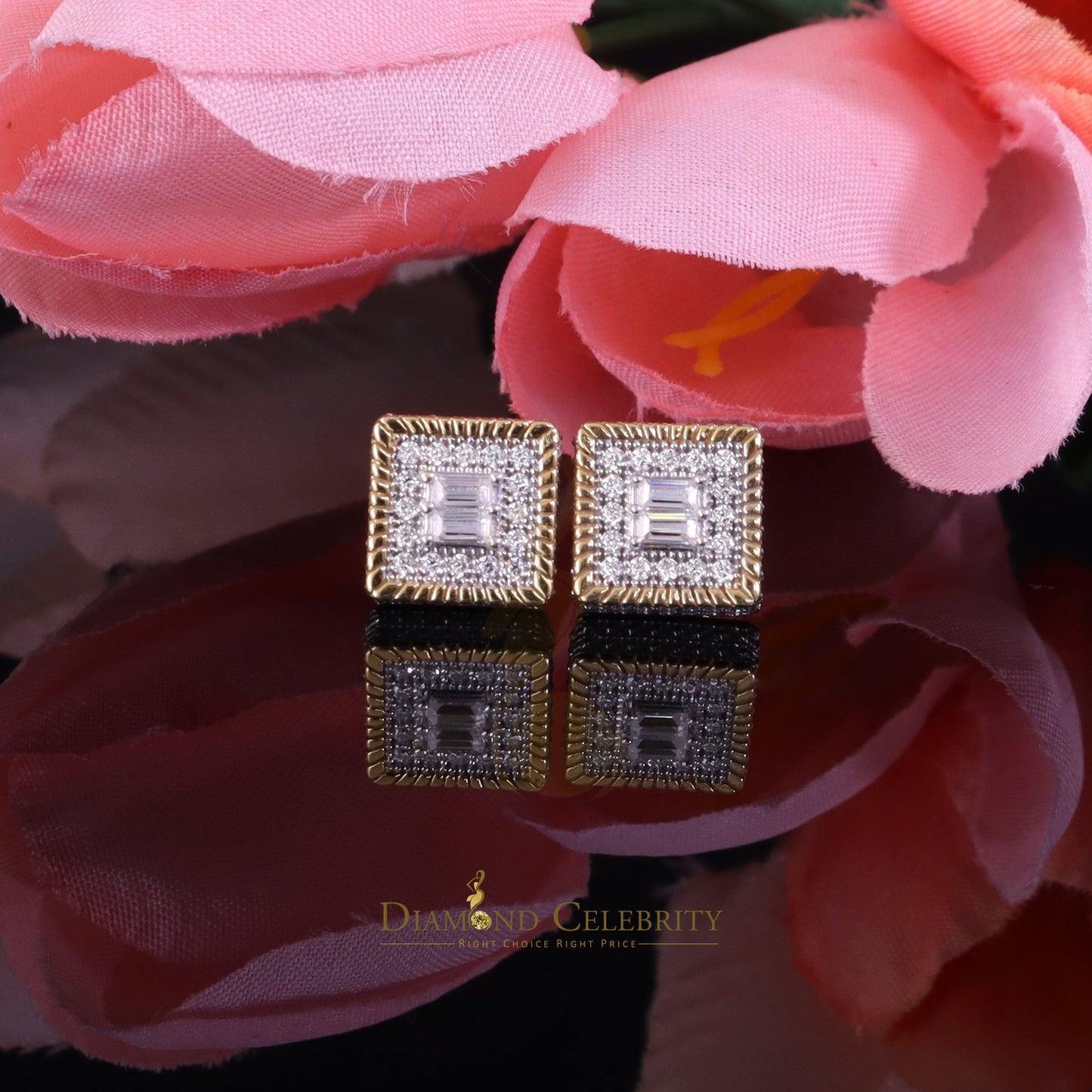 DiamondCelebritees Men's/Womens 925 Silver Yellow 1.00ct VVS 'D' Moissanite 3D Square Stud Earrings