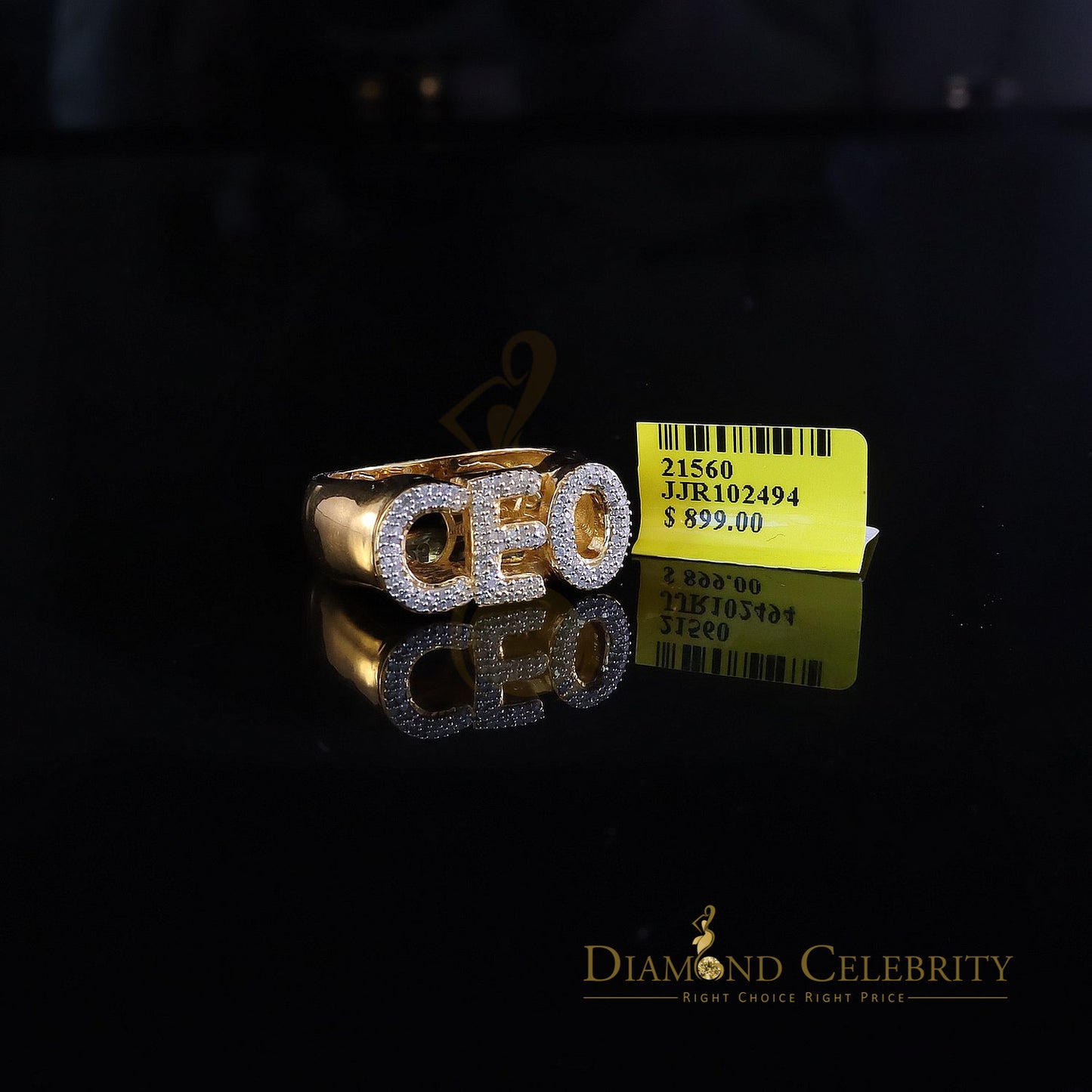 DiamondCelebritees Stylish 925 Yellow Silver 0.40ct Real Micro Diamond Men's "CEO" word Ring SZ 8
