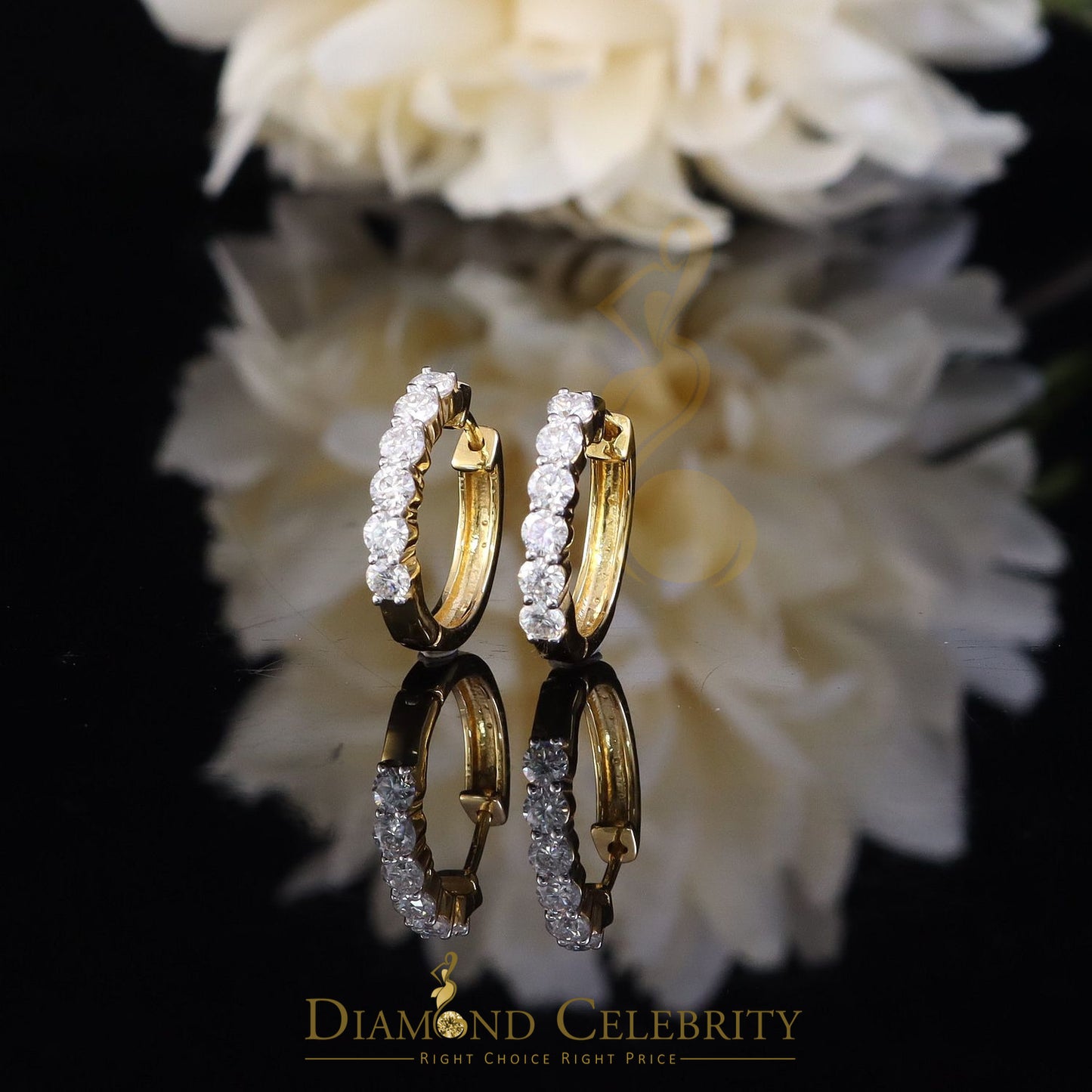 DiamondCelebritees Women's 925 Silver Yellow 1.50ct VVS 'D' Moissanite 1 row Stones Hoop Earrings