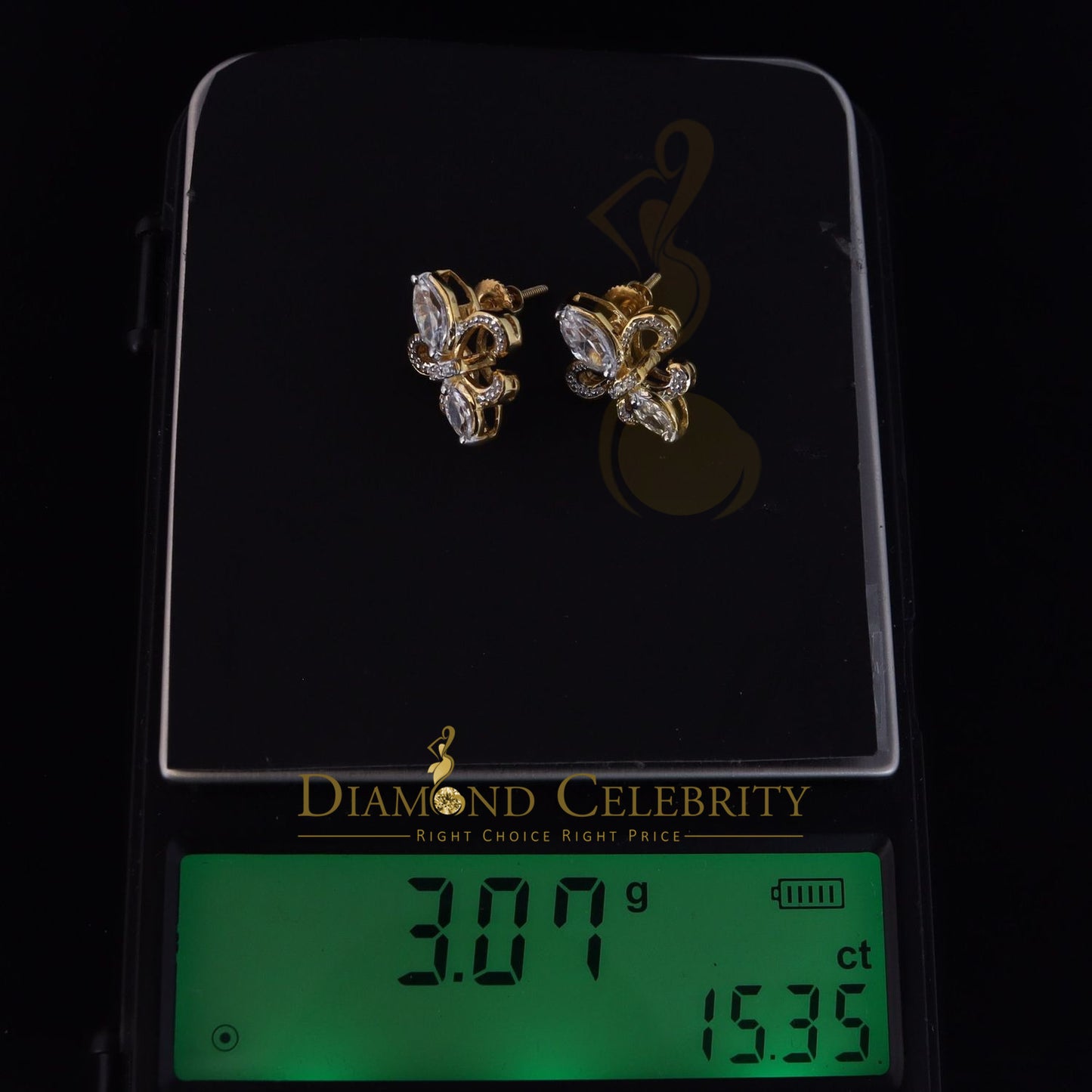 DiamondCelebritees 925 Yellow Silver Ladies Fleur de Lis Screw Back 2.43ct Cubic Zirconia Earrings