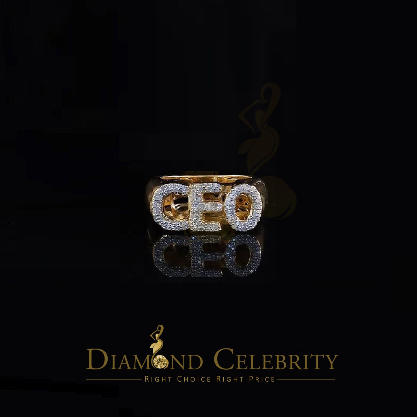 DiamondCelebritees Stylish 925 Yellow Silver 0.40ct Real Micro Diamond Men's "CEO" word Ring SZ 8