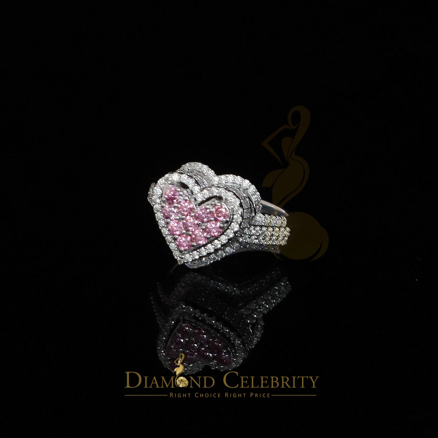 DiamondCelebritees 2.50CT Women's925 Silver White VVS 'D' PINK Moissanite 3D Heart Shape Ring Size7