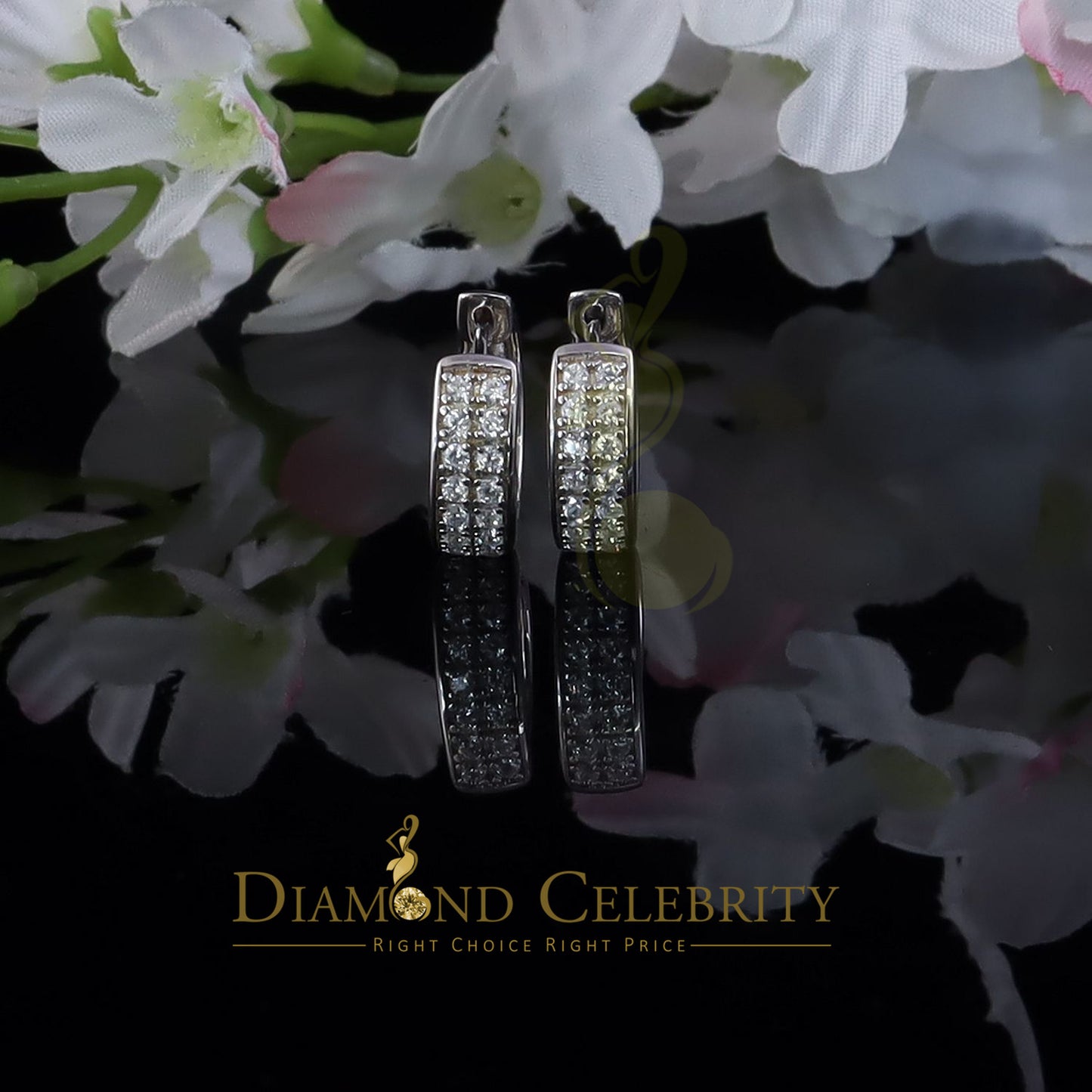 DiamondCelebritees Men's hip hop White 925 1.00ct Silver Cubic Zirconia 2 row Huggie Hoop Earrings