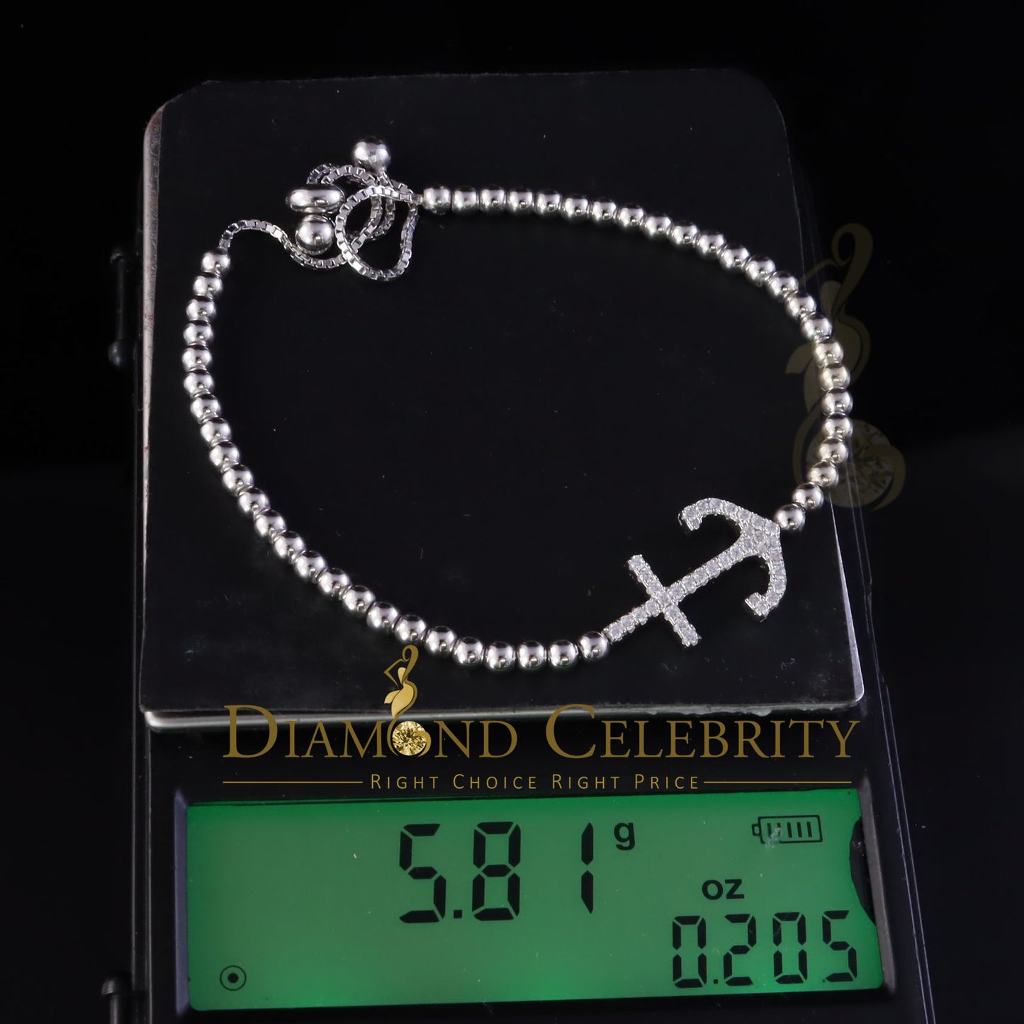 Diamondcelebritees Anchore Pearl Style Chain White Sterlng Silver Cubic Zirconia Adjtable Bracelete
