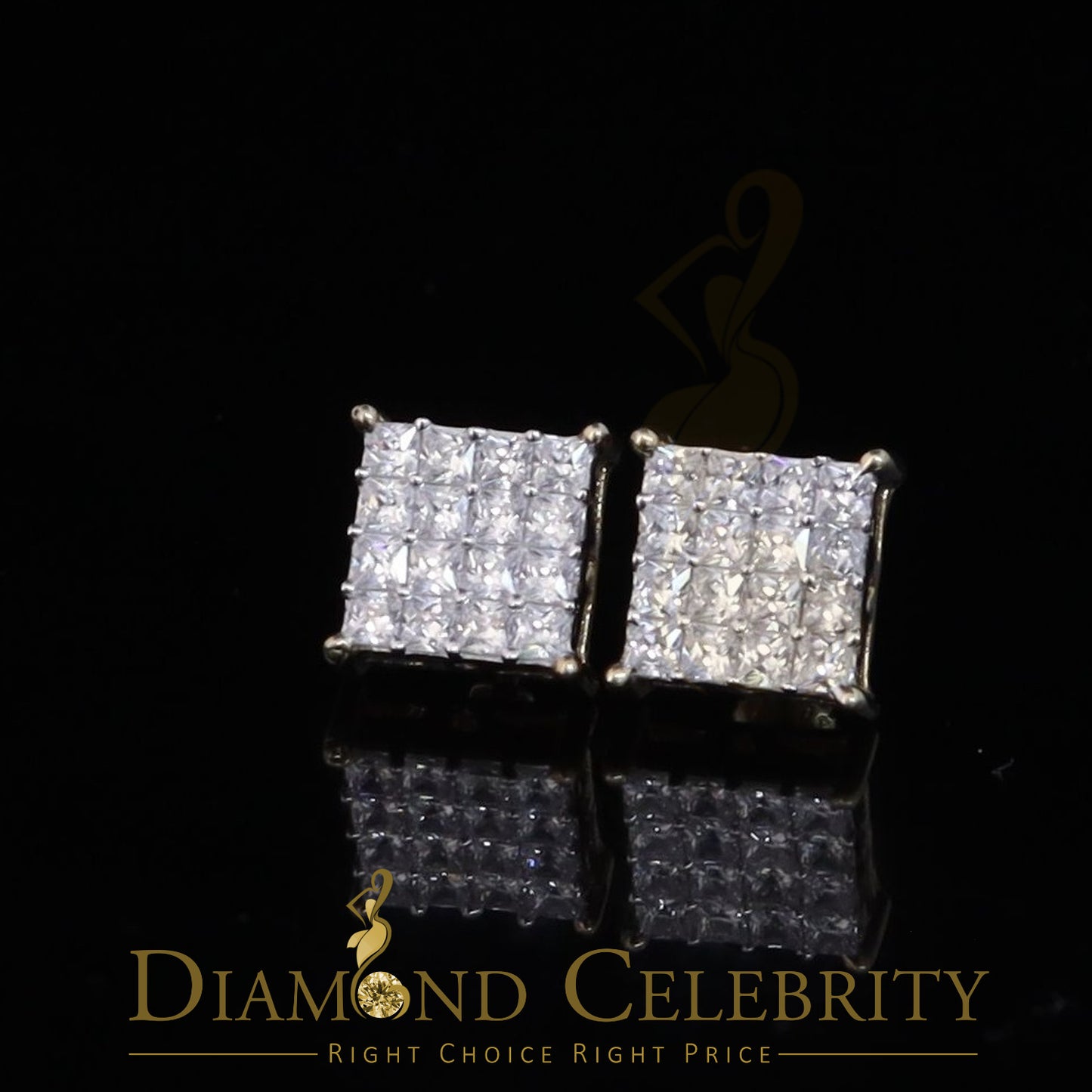 DiamondCelebritees 925 Yellow Silver 2.88ct Cubic Zirconia Women's & Men's Hip Hop Square Earrings