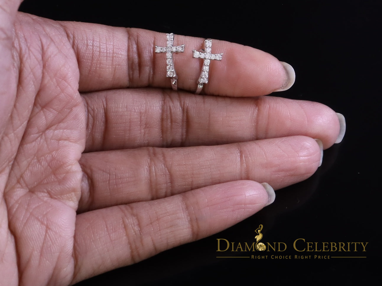 DiamondCelebritees 925 Silver Round Shape White Hip Hop Cross Stud Earrings 22 CZ Stones for Womens