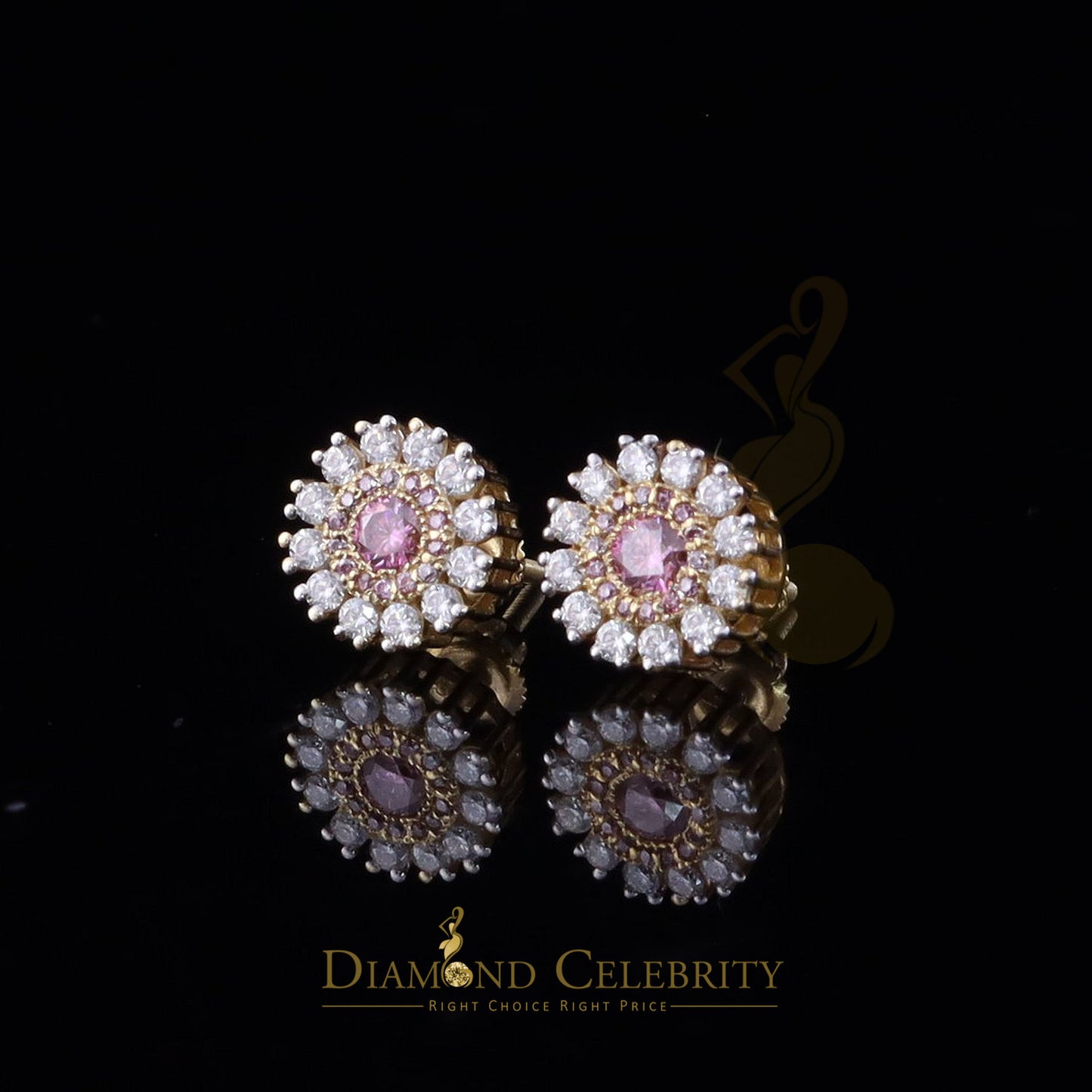 DiamondCelebritees 925 Silver Yellow 1.00ct VVS D Pink Moissanite Round Men's/Women's Stud Earrings