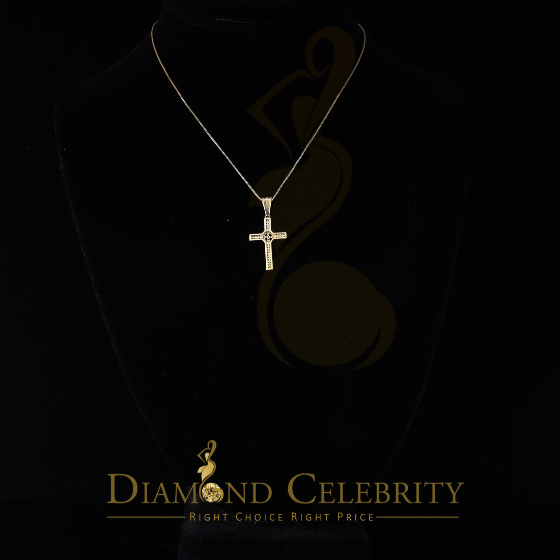 DiamondCelebritees Real 0.25ct Diamond 925 Sterling Silver CROSS Charm Necklace Yellow Pendant