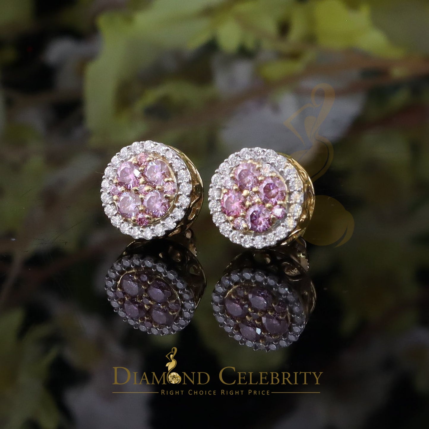 DiamondCelebritees Women's 925 Silver Yellow 1.00ct VVS 'D' Pink Moissanite Round Stud Earrings