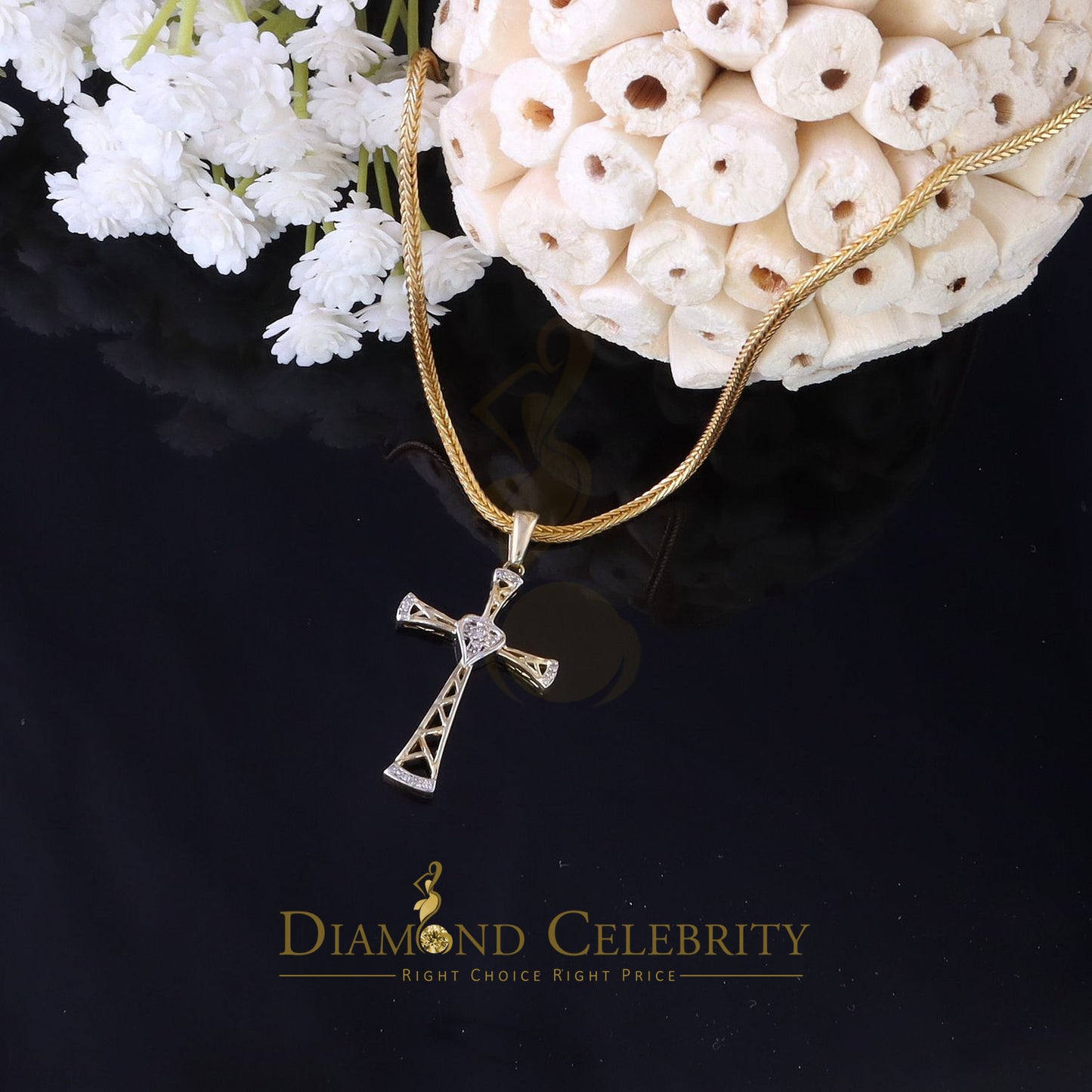 DiamondCelebritees Real 0.05ct Diamond Sterling Silver Yellow Cross Pendant