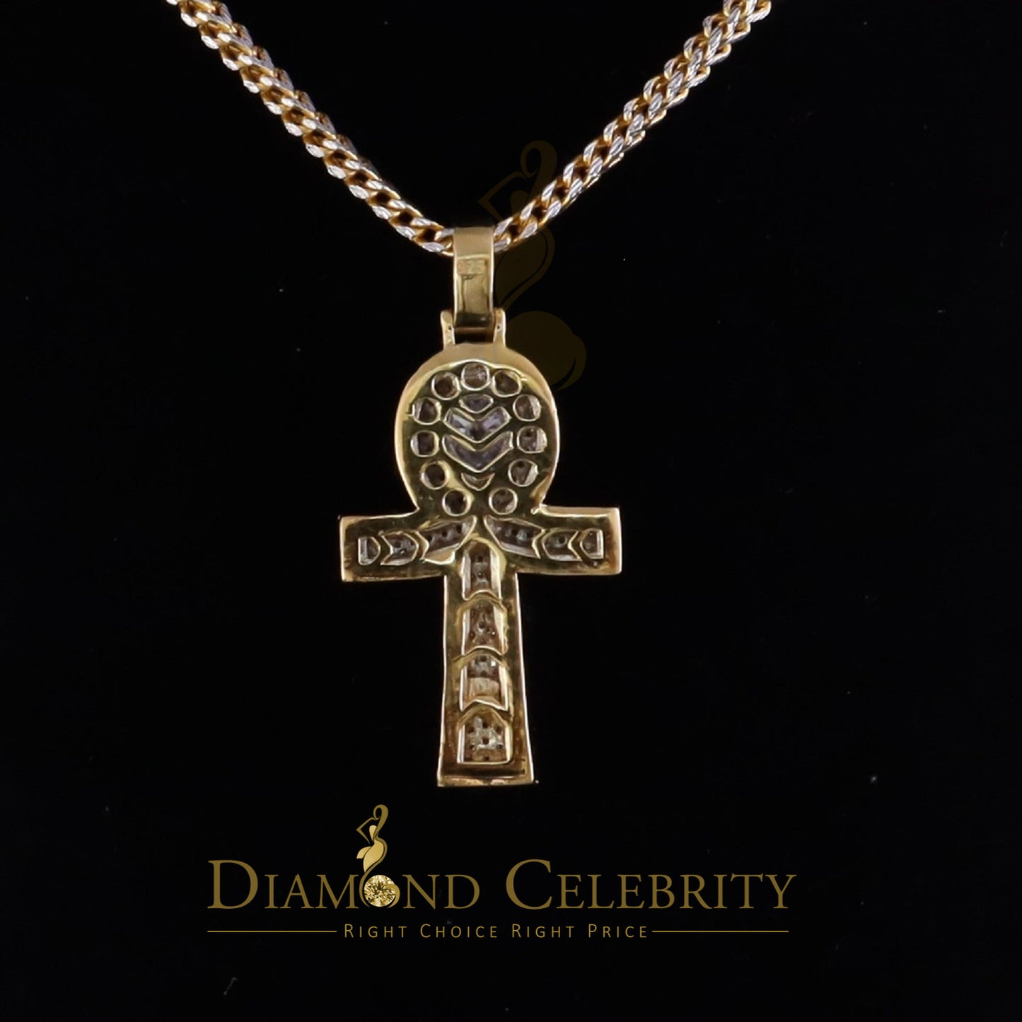 Diamondcelebritees 4.00ct VVS D Pear Shape Stone Yellow Charm Ankh Pendant Mens Silver Moissanite