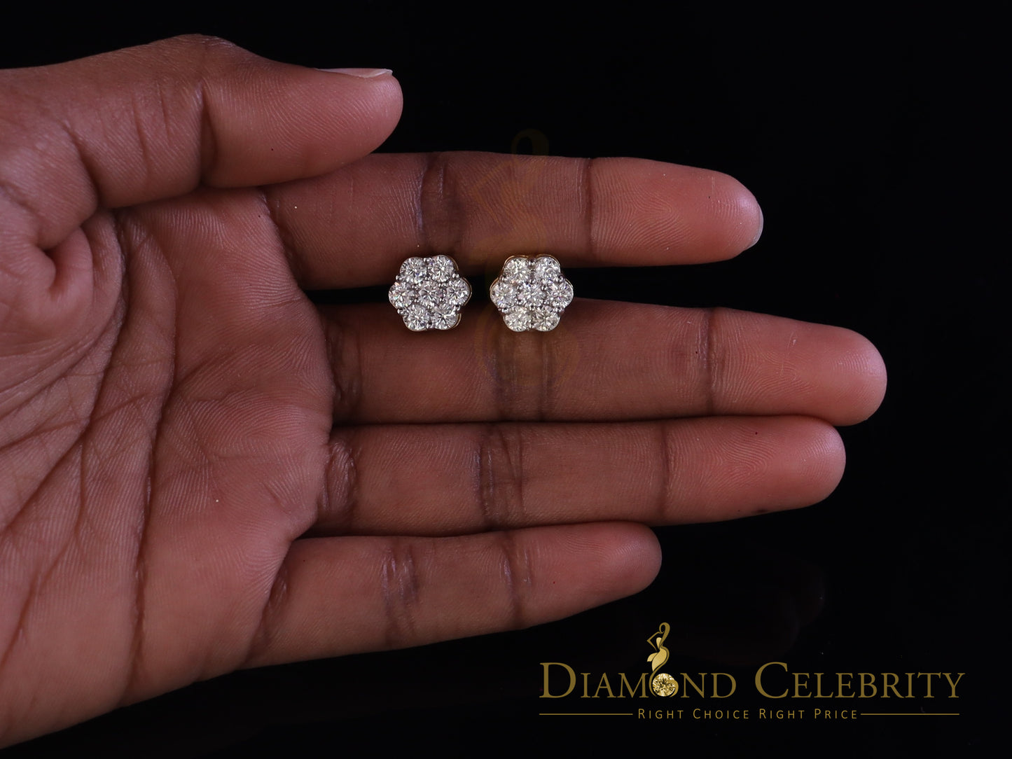 DiamondCelebritees Real Moissanite VVS 'D' Color 2.0ct 10k Real Yellow Gold Stud FLORAL Earrings