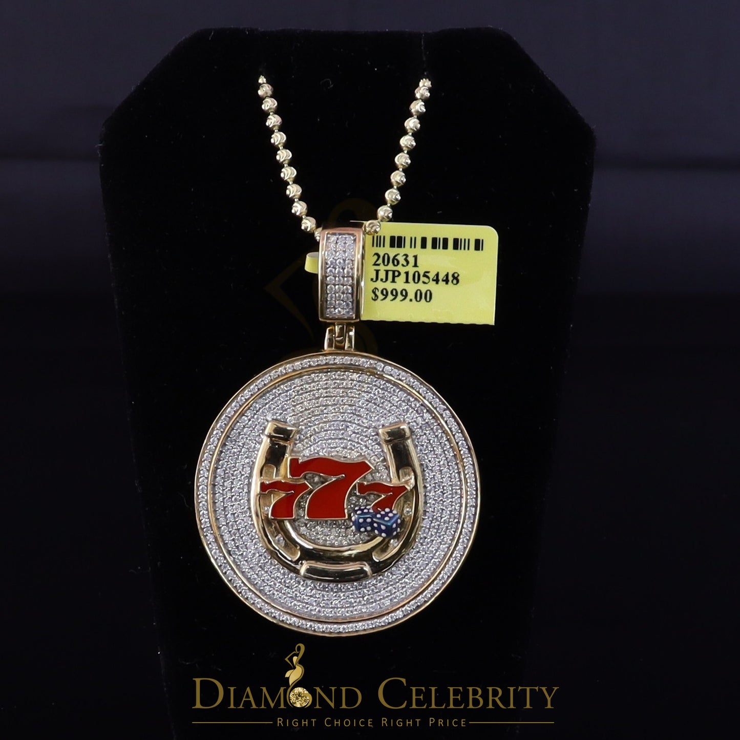 Diamondcelebritees Lucky 2.00ct Real Moissanite Yellow 925 Silver 777 W/Dice Horse Shoes Pendant