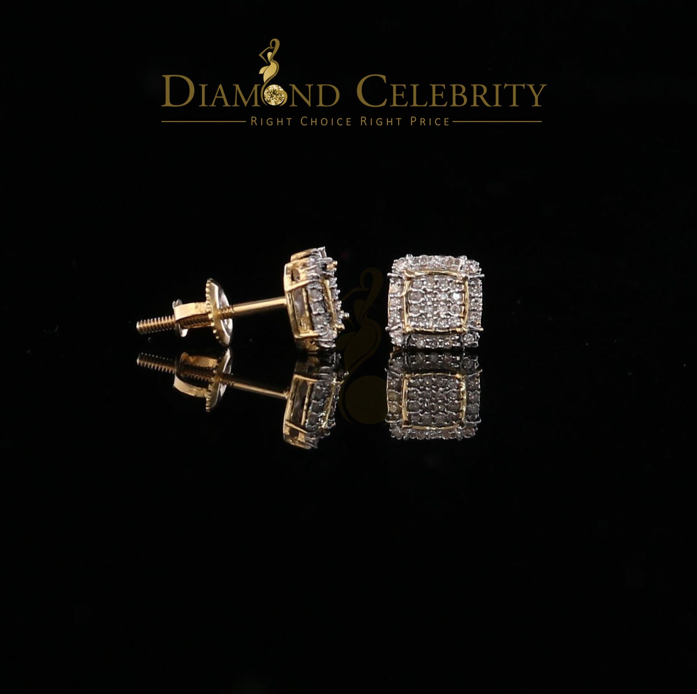 DiamondCelebritees10k Yellow Real Gold Square Stud Earrings with 0.15CT Real Diamonds