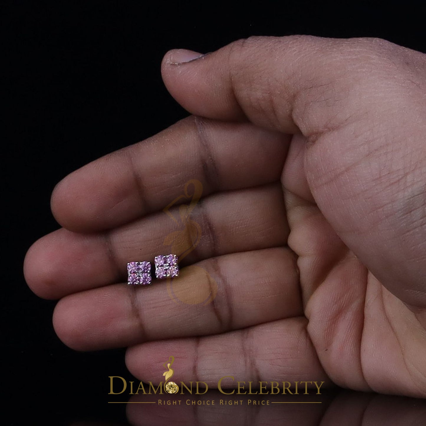 Diamondcelebritees 925 Silver White 1.00ct VVS D Pink Moissanite Square Men's/Women's Stud Earrings