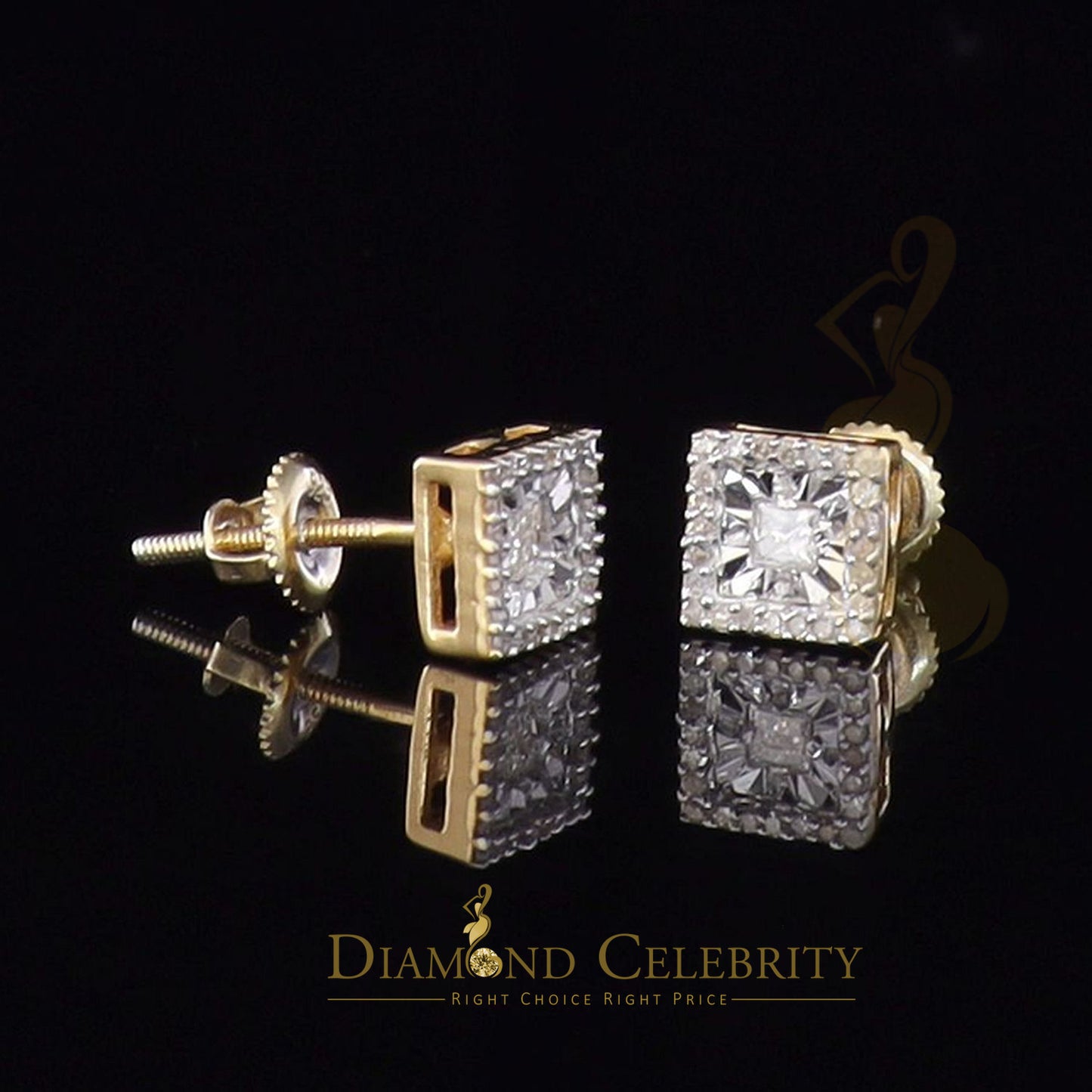 DiamondCelebritees 925 Yellow Silver 0.20ct Diamond Women's/ Men's Stud Square Fashion Earrings