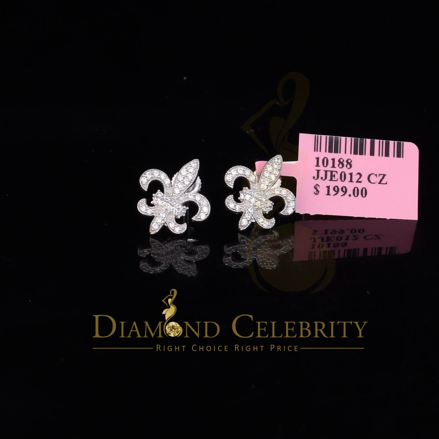 DiamondCelebritees Fleur de Lis White Silver Screw Back 0.62ct Cubic Zirconia Women Stud Earrings