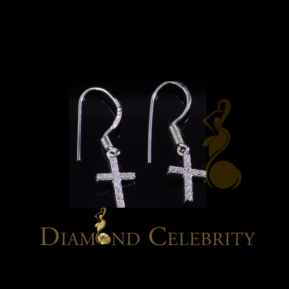 DiamondCelebritees White Sterling Silver 0.27ct Cubic Zirconia Men & Women Dangling Cross Earring