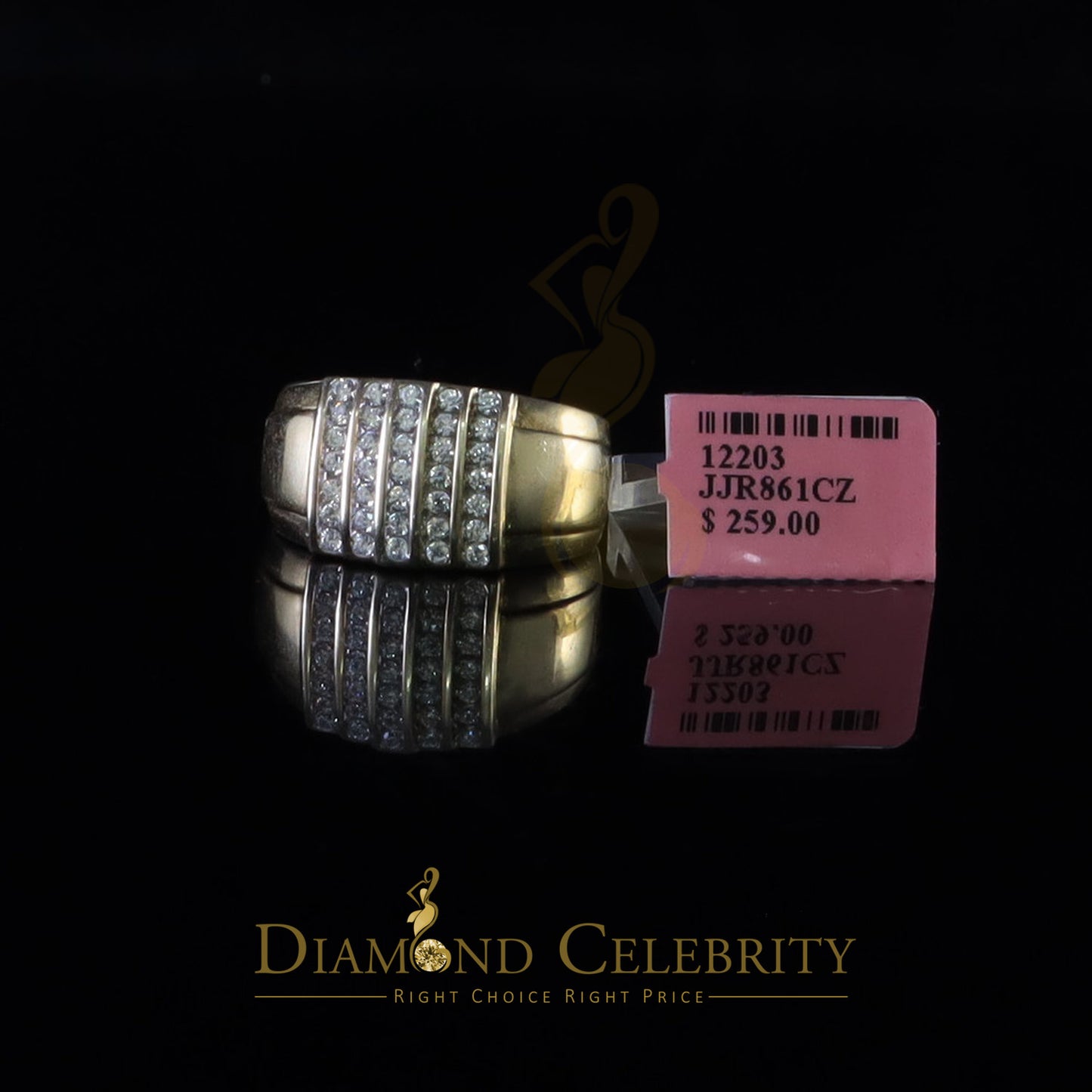 DiamondCelebritees Yellow Silver Rhodium Plated CZ 1.40ct Wide Band Men Adjustable Ring SZ 8 to 10