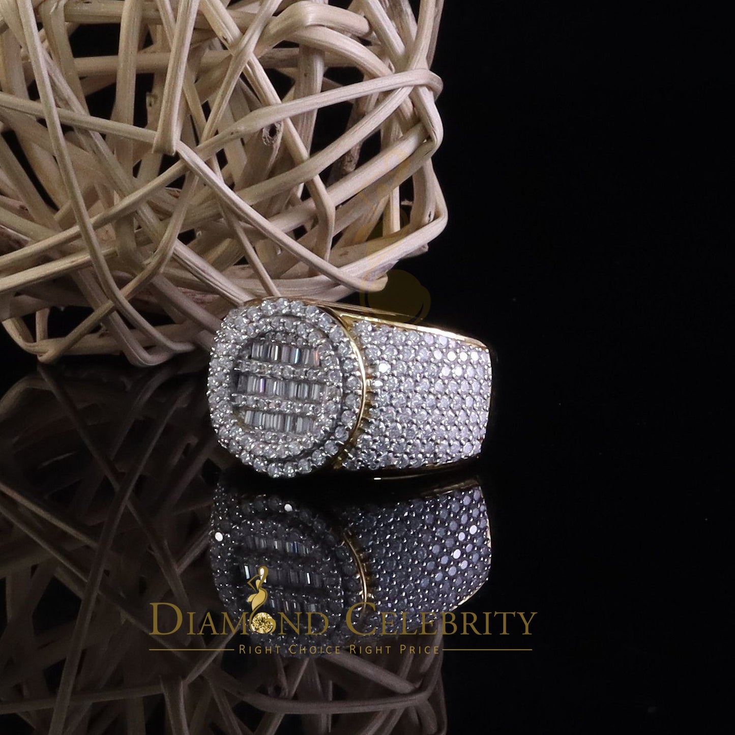 DiamondCelebritees Yellow Silver 4.50ct VVS 'D' Moissanite Baguette Round Rings Size 10 for Men's