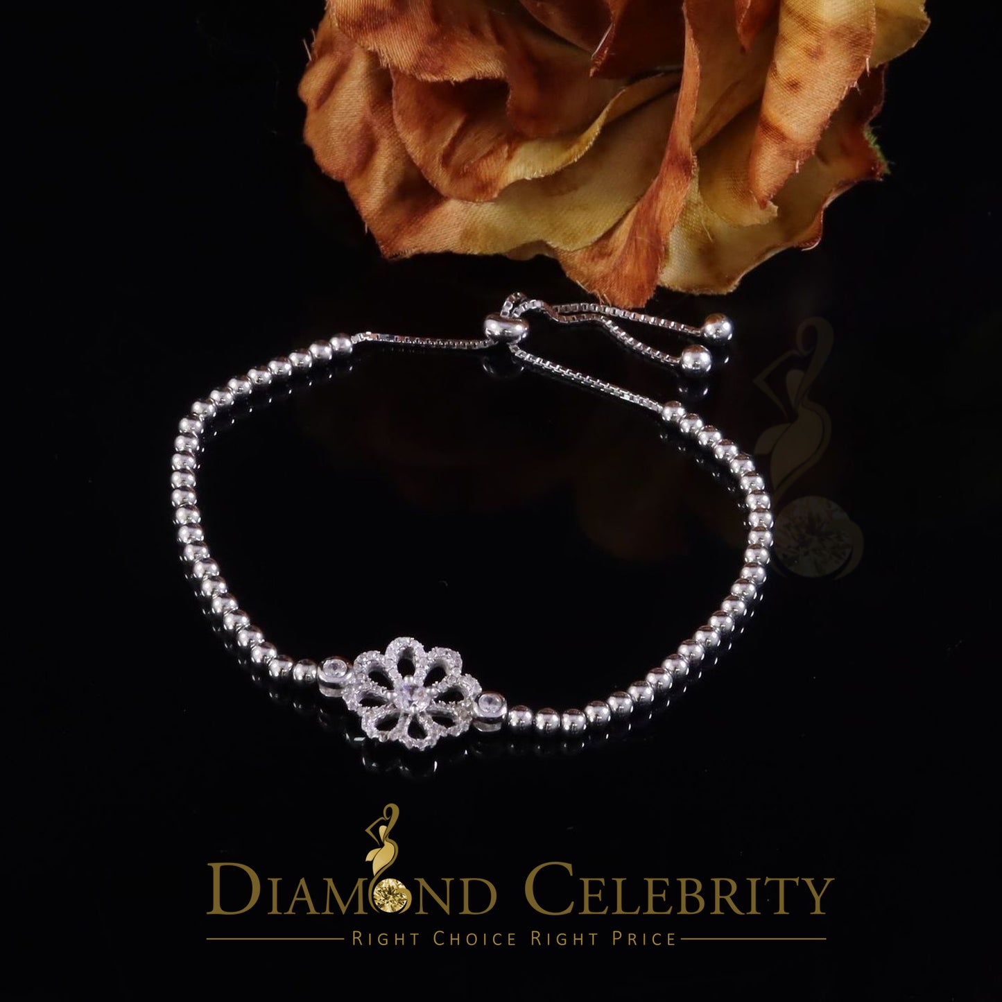 Diamondcelebritees White Sterling Silver Cubic Zirconia Floral Shape Bracelet Adjustable SZ 7 Inch