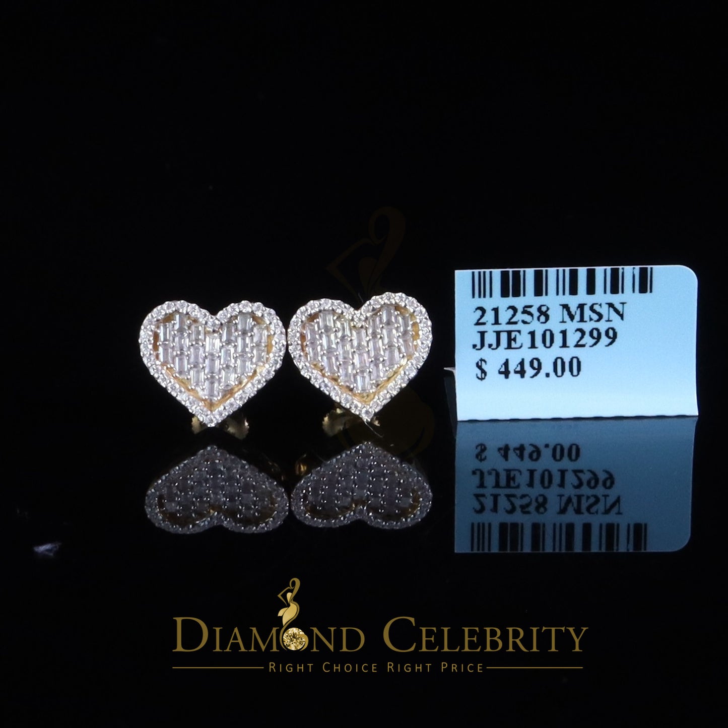 DiamondCelebritees 925 Yellow Silver 1.00ct VVS 'D' Moissanite Heart Stud Earring Men's/Womens
