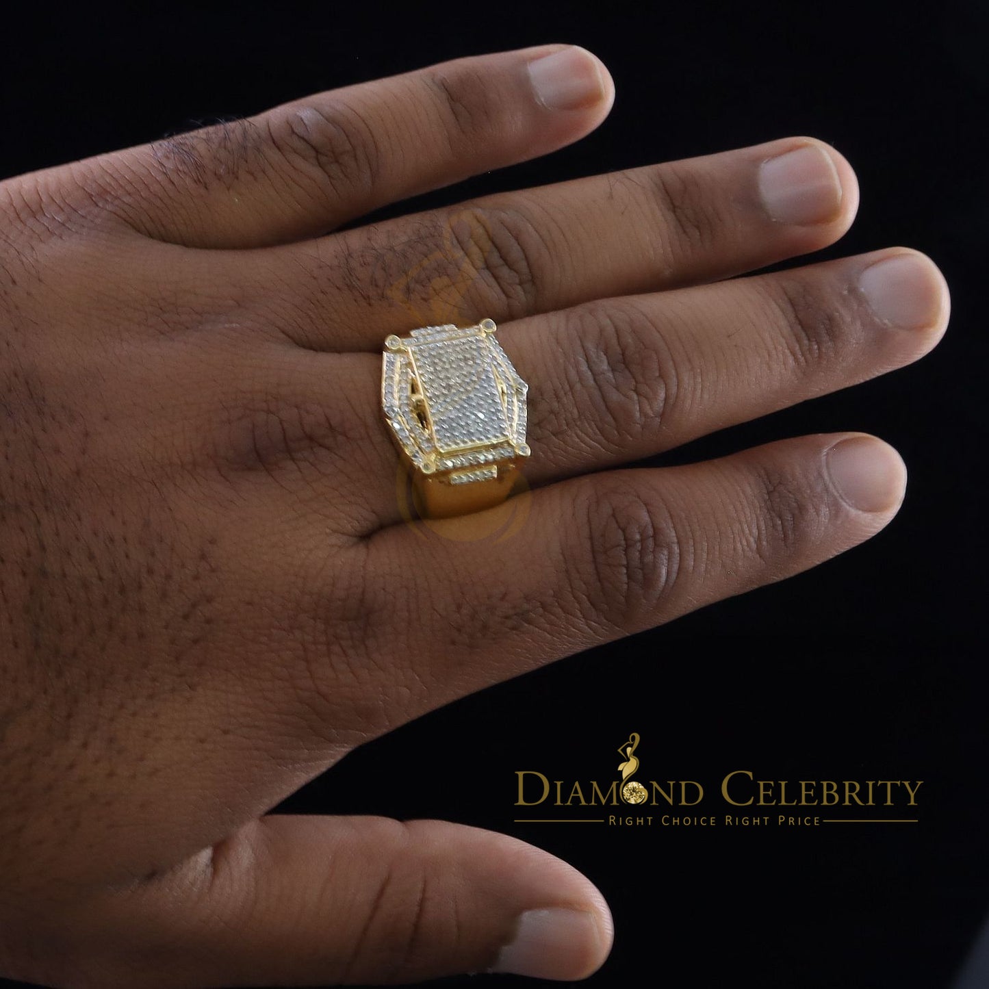 DiamondCelebritees 0.66 CT Real Diamond Men's 925 Sterling SilverYellow Ring Size 11 Square Shape