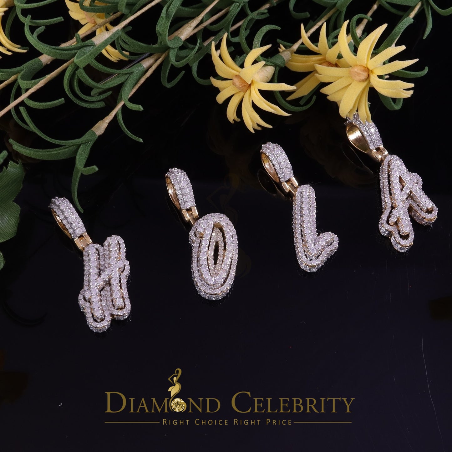 DiamondCelebritees Yellow Cursive 3D Alphabet Shape 925 Sterling Silver Cubic Zirconia Pendant