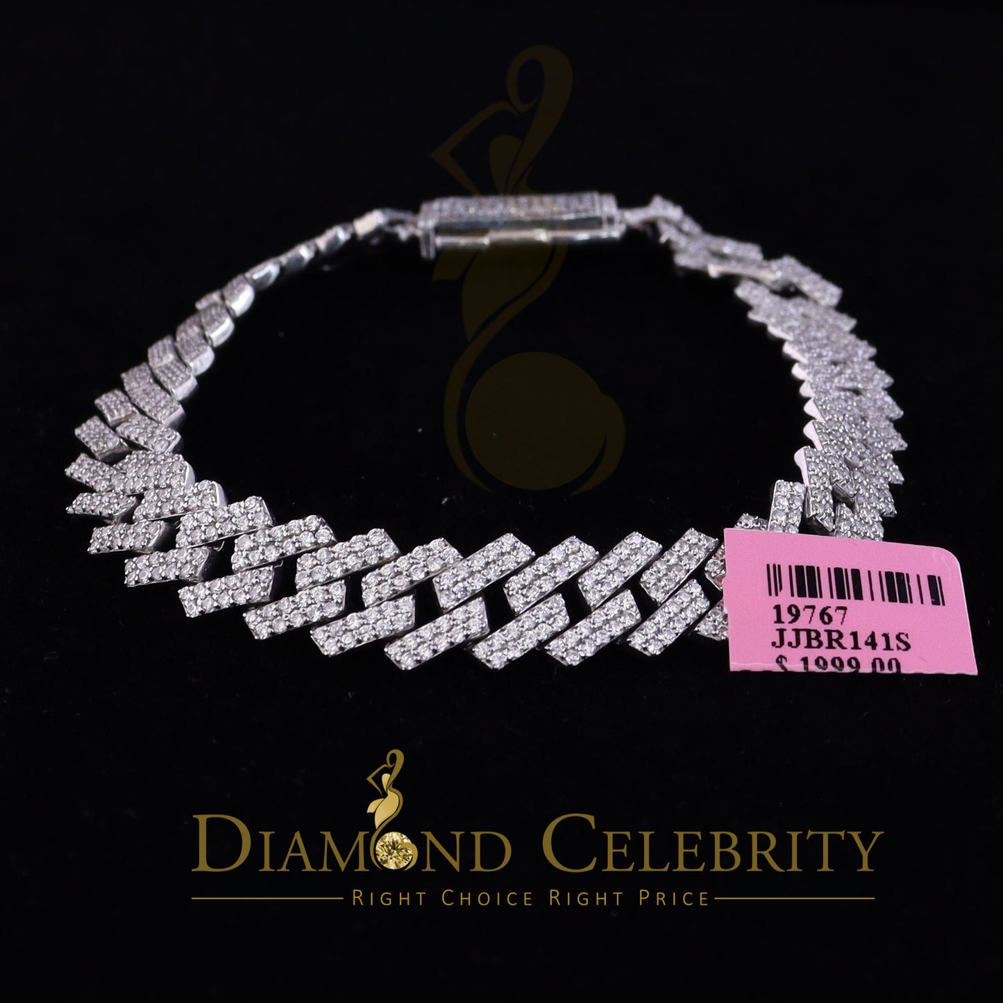 Diamondcelebritees 925 Silver 12.00ct Cubic Zirconia White Cuban Bracelet SZ 8.5inch & 12mm Width