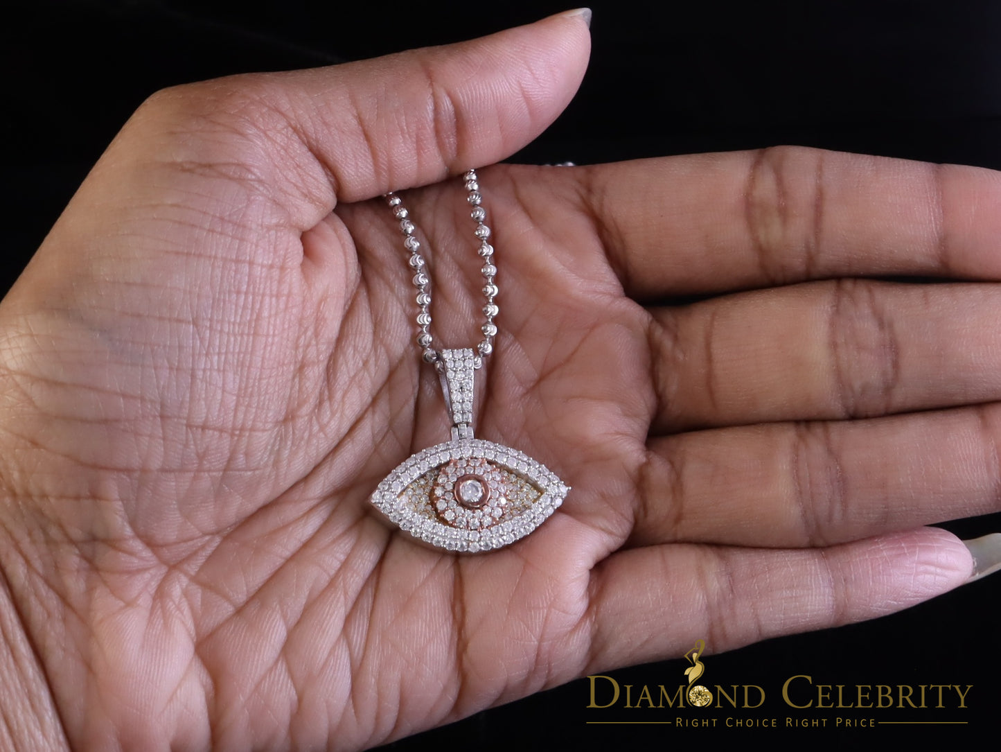 Diamondcelebritees 2CT VVS D Moissanite White Tri Clr Silver Charm Evil Eye 1" Pendant Men & Women
