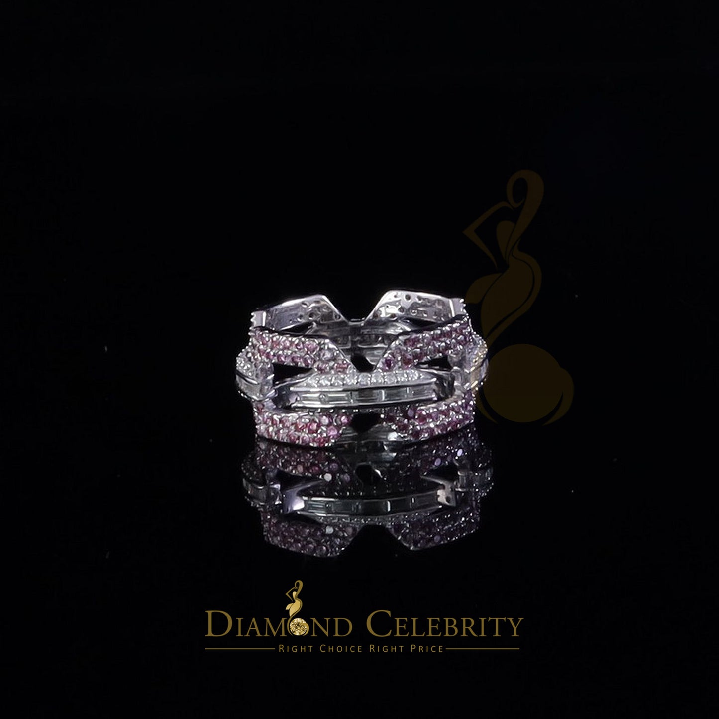DiamondCelebritees 2.50CT Women's Pink Moissanite VVS D 925 Silver White Baguette RD Ring Sz8