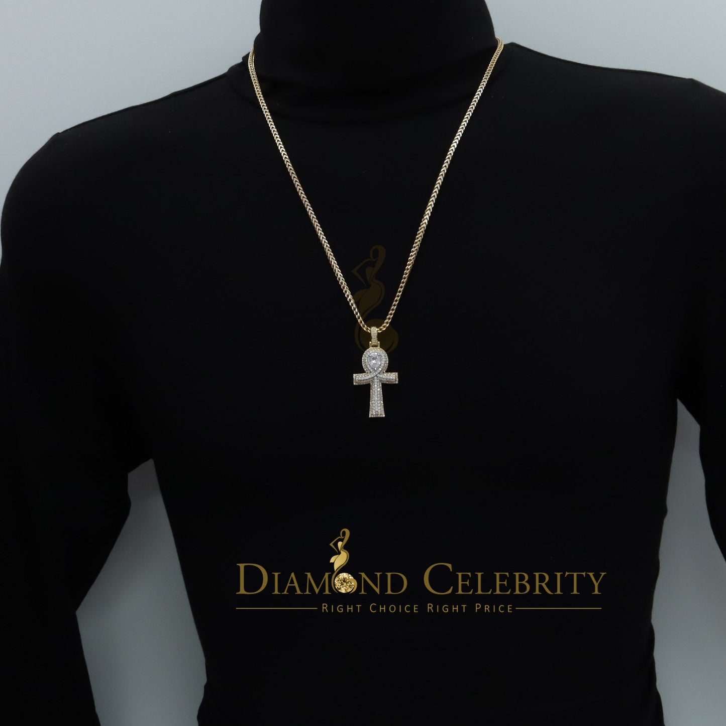 Diamondcelebritees 4.00ct VVS D Pear Shape Stone Yellow Charm Ankh Pendant Mens Silver Moissanite