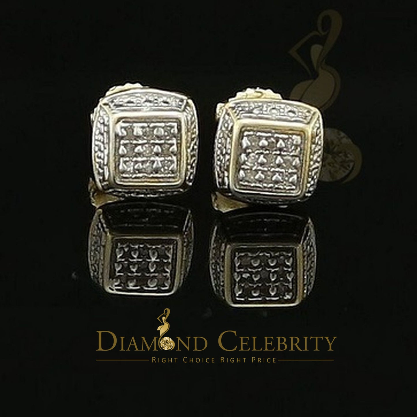 DiamondCelebritees 0.05ct Diamond Square Earrings For Women Yellow 925 Sterling Silver Stud For Men