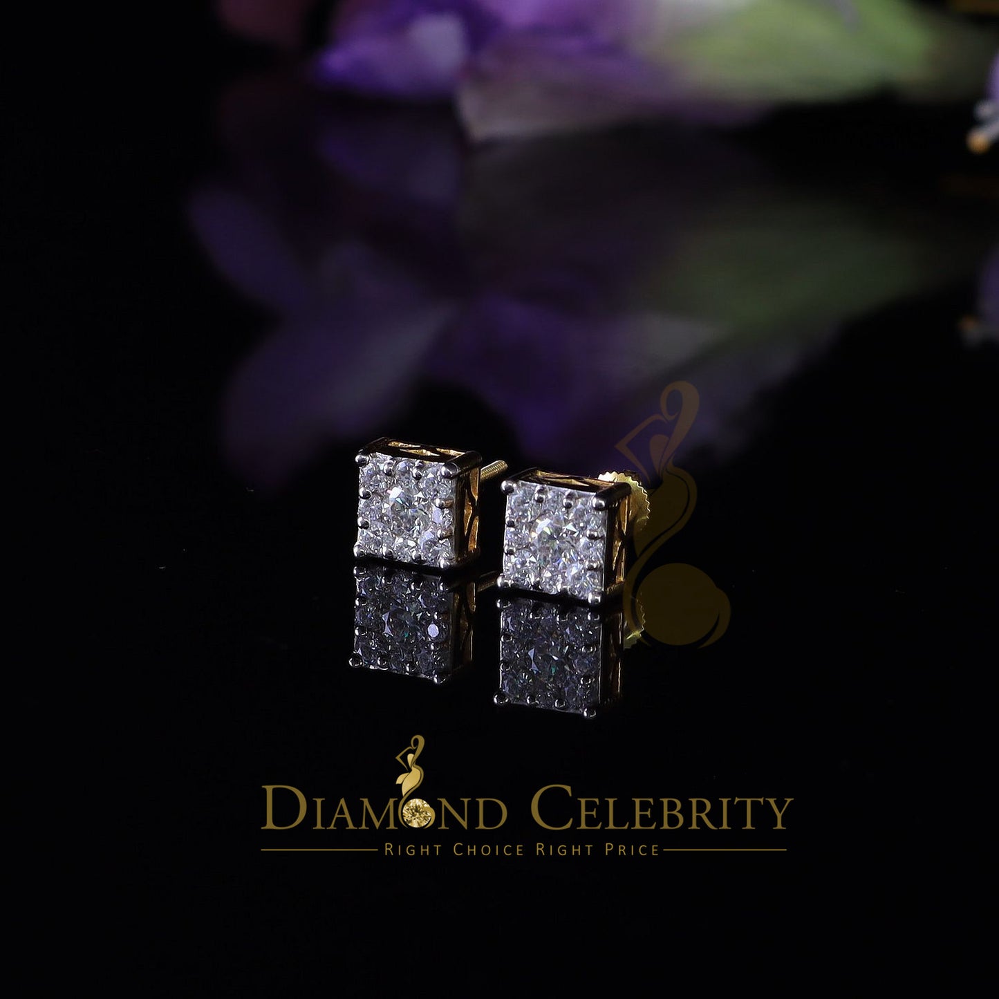 DiamondCelebritees Real Moissanite Stud Square Earrings 10k Real Yellow Gold 1.00ct VVS 'D' Color